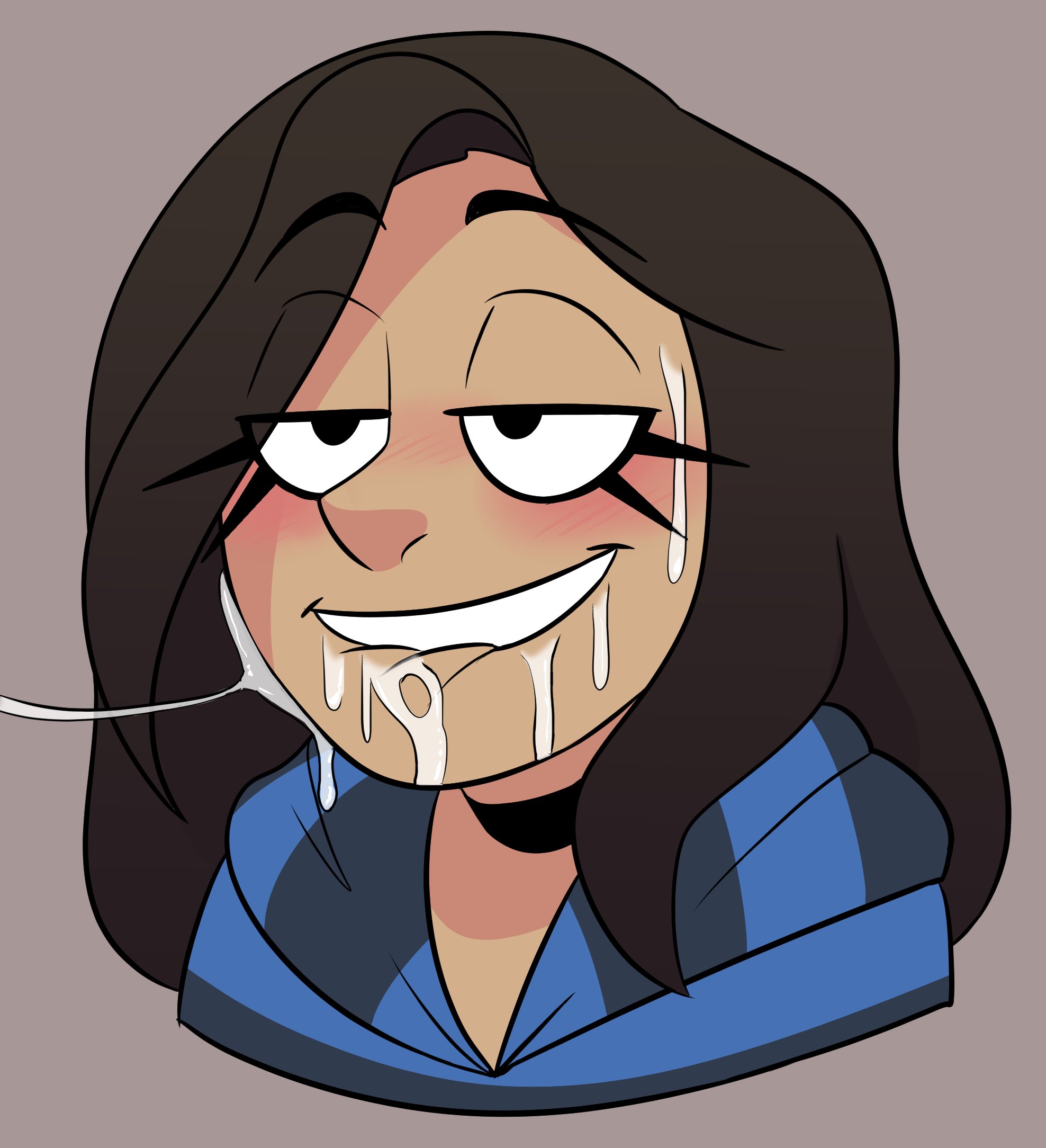 1girls, after oral, after sex, artist self-insert, biting lip, black hair, blush, clothed, clothing, cum, cum in mouth, cum on face, cum string, dark skin, dark-skinned female, female, female focus, female only, grey background, hair, highres, human, latina, lizielewddle, lizielewddle (character), long hair, looking pleasured, makeup, naughty face, oral, original, peonypetals, seductive eyes, seductive look, seductive mouth, seductive smile, smile, teeth