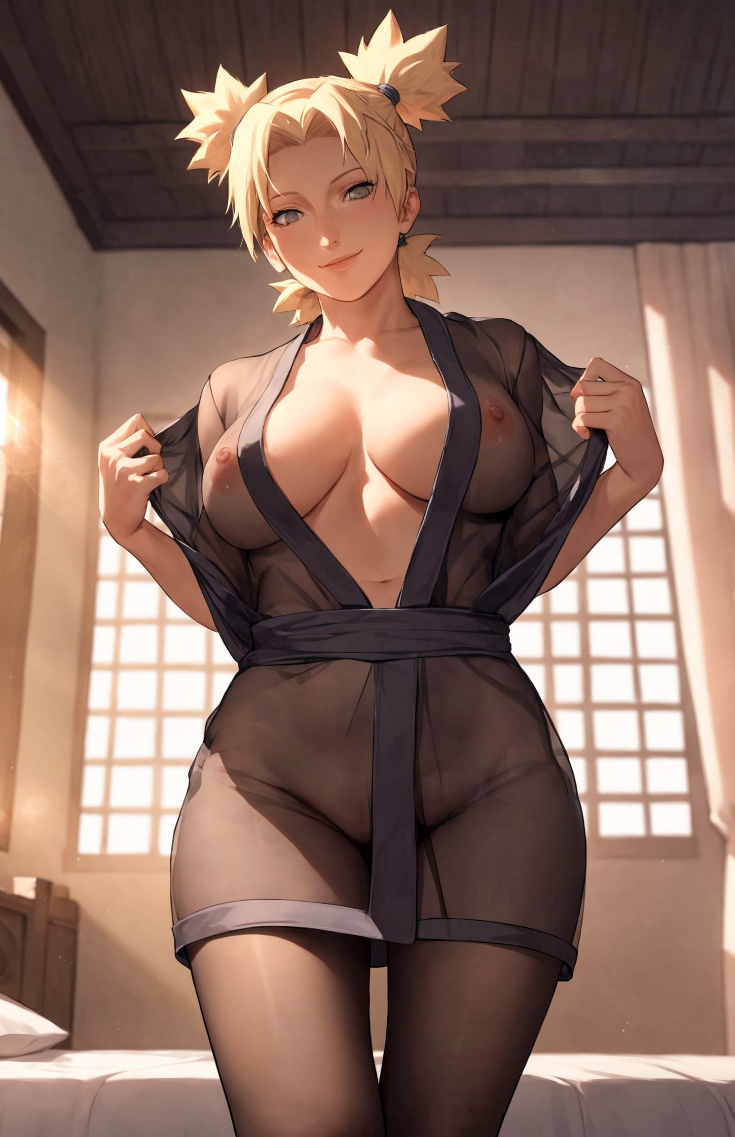1girls, ai generated, alex-schura, arms behind back, big breasts, blonde hair, breasts, breasts bigger than head, busty, child bearing hips, cleavage, female, female focus, from below, hourglass figure, huge breasts, kimono, large breasts, light skin, light-skinned female, lingerie, lipstick, looking at viewer, makeup, nai diffusion, naruto, naruto (series), naruto: the last, naughty, naughty face, naughty smile, nipples, nipples visible through clothing, no bra, no bra under clothes, oppai, pantyhose, ponytail, quad tails, robe, sagging breasts, sash, see-through, see-through clothing, smile, smirk, stable diffusion, teal eyes, temari, underboob, undressing, viewed from below, voluptuous, voluptuous female, wide hips