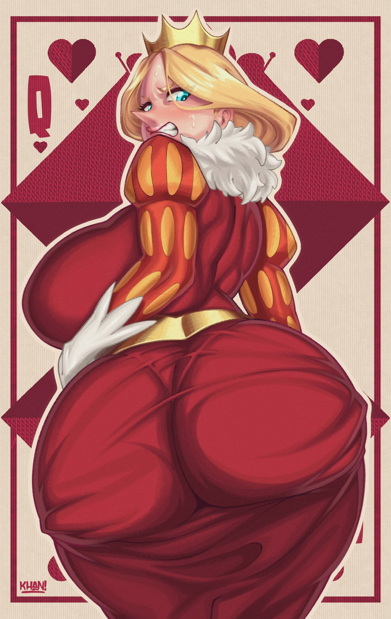 1girls, ass, big ass, big breasts, big butt, blonde hair, blue eyes, blush, breasts, card, crown, fat ass, female, female only, flatillustratorkhan, howardk, howardk1999, human, khan!, large ass, large breasts, light skin, light-skinned female, lipstick, looking at viewer, looking back, married female, mature female, milf, mother, ousama ranking, queen, queen hilling, royalty, short hair, solo, solo female, solo focus, thick ass, thick thighs, thighs, wide hips