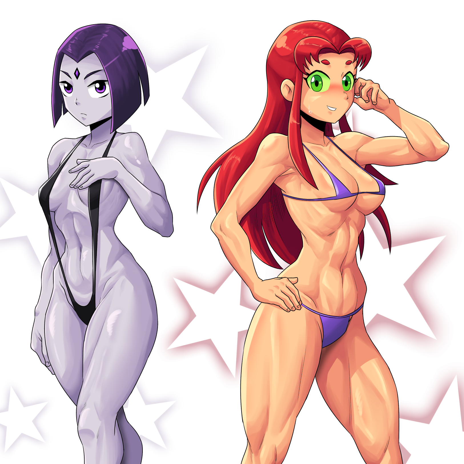 2girls, abs, bikini, dc, dc comics, female, green eyes, long hair, multiple females, multiple girls, muscular, muscular female, rachel roth, raven (dc), short hair, starfire, straight hair, string bikini, sweatdrop, teen titans