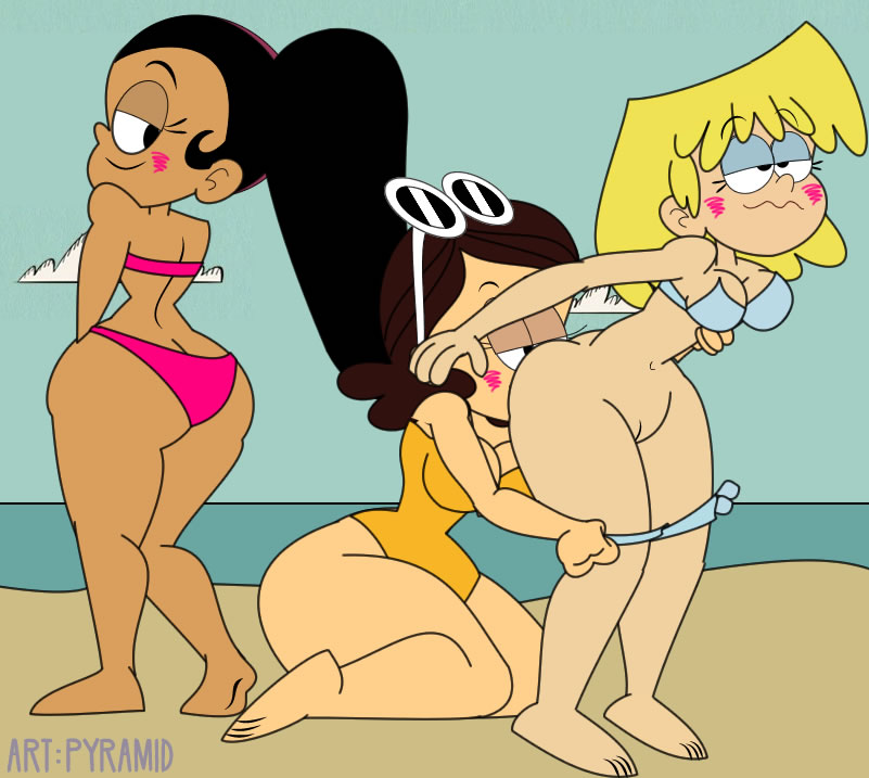 3girls, anilingus, ass, ass cleavage, ass crack, beach, big ass, big breasts, bikini, bikini pull, black hair, blonde hair, blush, breasts, brown hair, brown skin, butt crack, carlota casagrande, cleavage, dark skin, dark-skinned female, eyebrows visible through hair, eyeshadow, female, female only, half-closed eyes, human, interracial, large ass, large breasts, light skin, light-skinned female, long hair, lori loud, multiple females, multiple girls, ponytail, pussy, pyramid (artist), rimjob, rimming, straight hair, sunglasses on head, swimsuit, the loud house, thicc qt, thick thighs, thighs, wide hips, yuri