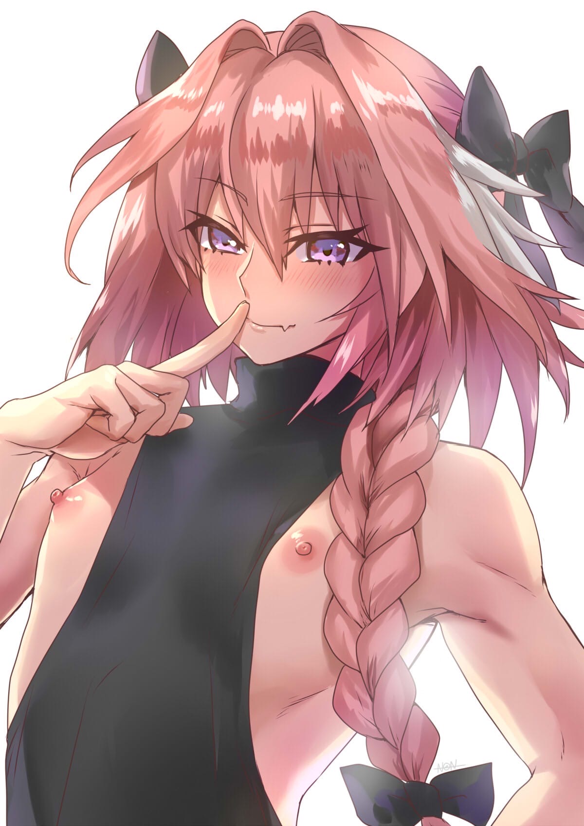 1boy, astolfo (fate), blush, fate (series), fate/grand order, femboy, finger to mouth, girly, looking at viewer, male, male only, nipples, pink eyes, pink hair, ribbon, solo, teeth, trap