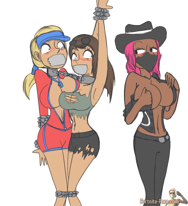 arms above head, artist request, big breasts, blush, blushing, bondage, bound together, breasts, calamity (fortnite), chained, chained wrists, clothed, clothing, cowboy hat, cowgirl, cowgirl outfit, dark skin, dark-skinned female, face mask, female, femdom, femsub, fortnite, fully clothed, gag, glasses, glasses on head, imminent rape, mask, multiple females, multiple girls, multiple subs, ramirez (fortnite), ramirez (fortnite) (model), sun strider, sunstrider (fortnite), tagme, tape gag, tied up, yuri