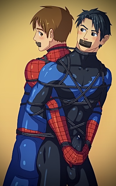 2boys, batman (series), bodysuit, bondage, bound, bound arms, bound together, bulge, bulge grab, dc, dc comics, dick grayson, gag, gay, hands on penis, male, male only, malesub, marvel, marvel comics, multiple boys, multiple males, multiple subs, nightwing, penis, peter parker, precum, restrained, rope, spandex, spider-man, spider-man (series), straight hair, superhero costume, tape, tape gag, taped mouth, teen titans, tight-web, yaoi