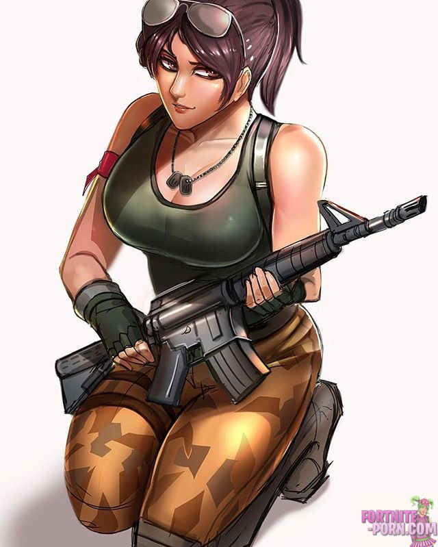 artist_request assault_rifle aviator_sunglasses big_breasts boots brown_hair camo_pants camo_print camouflage camouflage_clothing camouflage_pants camouflage_print clothed dog_tags fortnite fully_clothed glasses_on_head gloves image on_knees ponytail ramirez_(fortnite) realistic simple_background sunglasses_on_head white_background