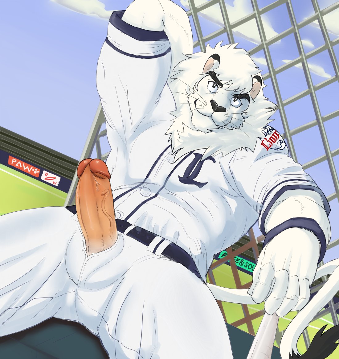 2019 anthro baseball_bat baseball_uniform bat_(object) beastsauc3 belt bulge clothed clothing digital_media_(artwork) erection felid fully_clothed fur genitals hair hand_behind_head humanoid_genitalia humanoid_penis leo_(saitama_seibu_lions) lion looking_at_viewer male male_only mammal mane mascot muscular muscular_male nippon_professional_baseball pantherine penis penis_through_fly poking_out saitama_seibu_lions solo solo_male sportswear uniform vein veiny_penis whiskers white_body white_fur white_hair