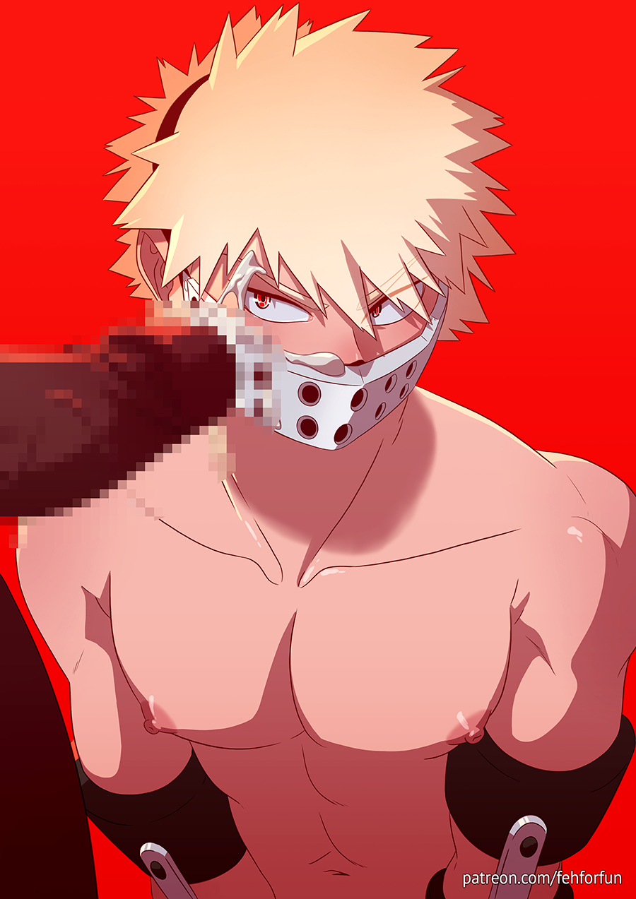blonde hair, censored, costume, cum, cum on face, fehforfun, gay, gay male, hero, katsuki bakugou, male, mask, monster, my hero academia, nipples, red eyes, yaoi