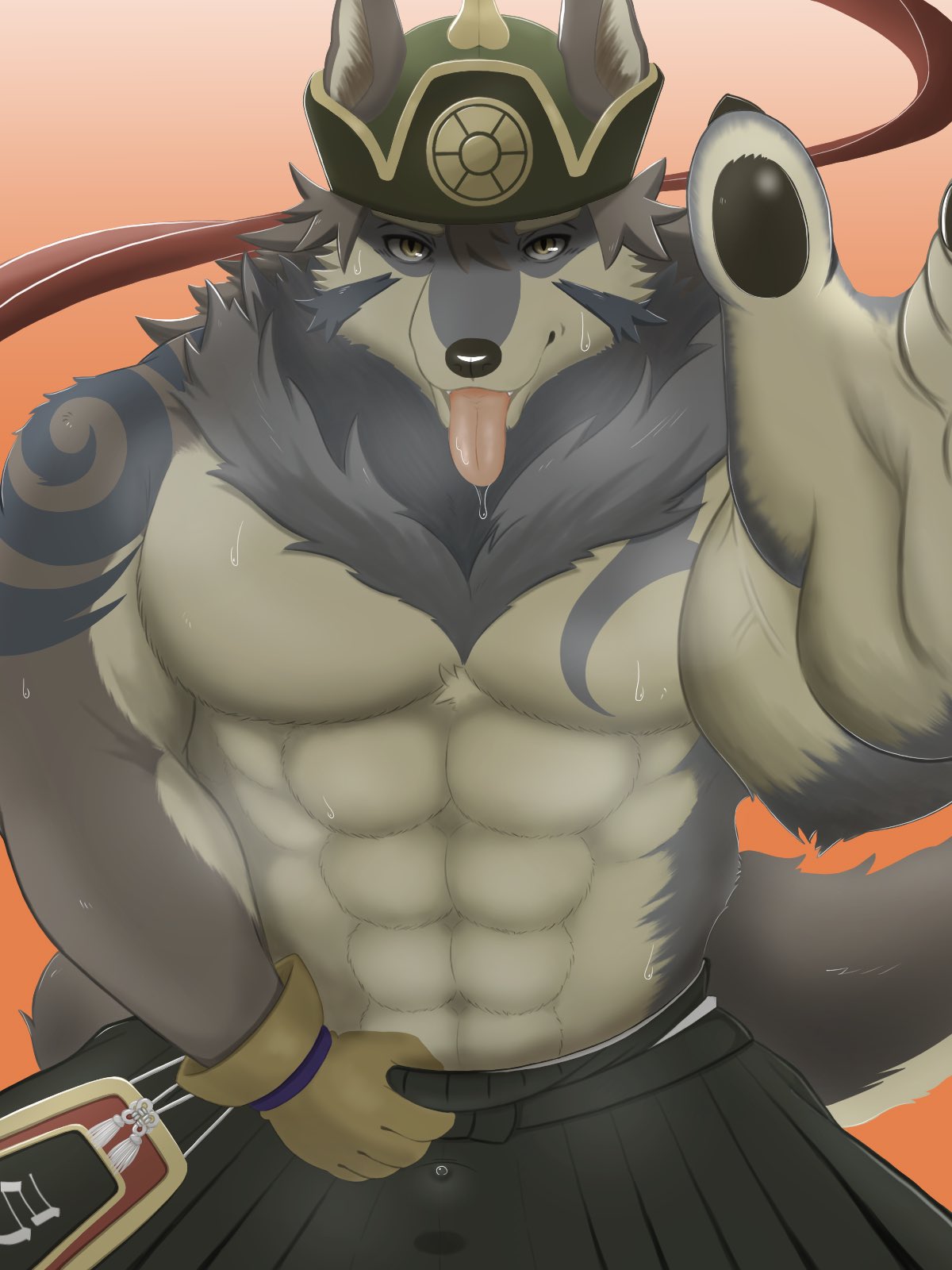 3:4 abs anthro biceps bodily_fluids canid canine canis clothing gloves handwear hi_res jinku_56 leaking_precum male male_only mammal muscular muscular_male neck_tuft pawpads paws pecs solo sweat temujin tokyo_afterschool_summoners tongue tongue_out tuft video_games wolf