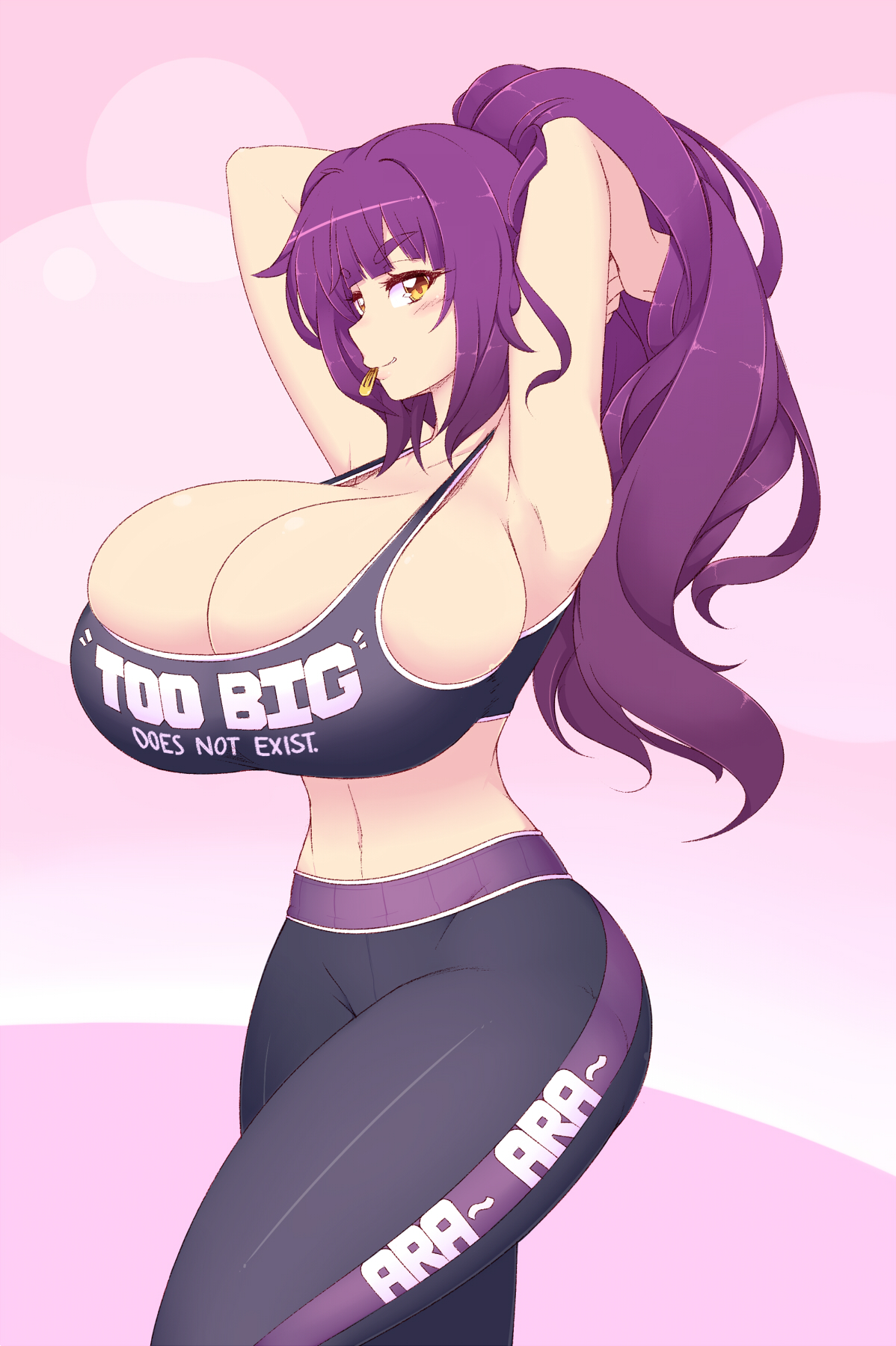 1girls, 2020, ara ara, armpits, arms behind head, arms up, blush, breasts, bursting breasts, cleavage, clothes writing, crankyconstruct, curvy, eyebrows visible through hair, female, female only, hand in hair, highres, huge breasts, long hair, looking at viewer, navel, original, pants, pink background, ponytail, purple hair, seductive, smile, solo, sports bra, sportswear, standing, thick thighs, thighs, yellow eyes, yoga pants