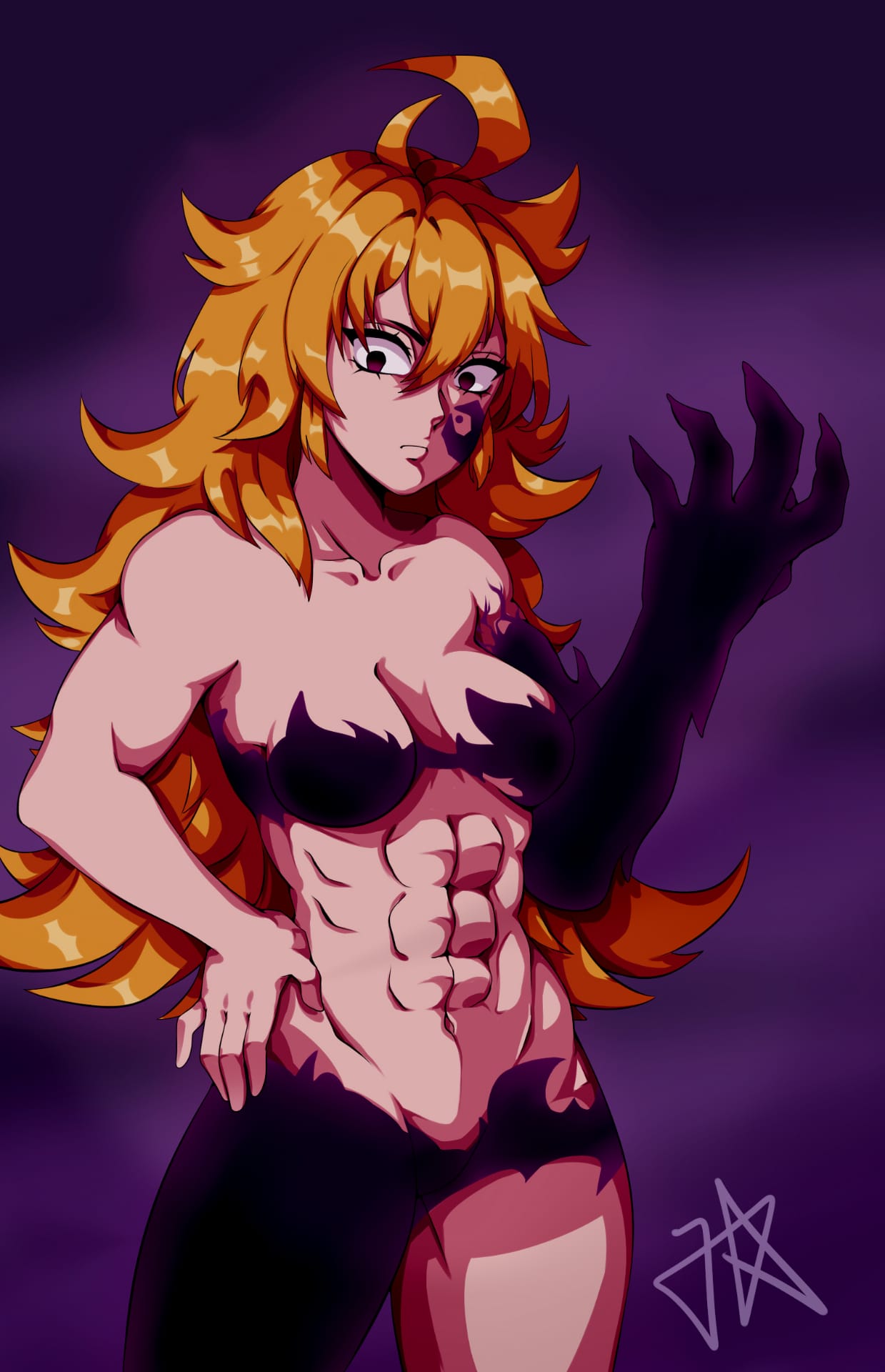 1girls abs ahoge demon demon_girl derieri female_only hand_on_hip jojo_haruno long_hair muscle muscles muscular muscular_female nanatsu_no_taizai only_female orange_hair purple_eyes simple_background solo solo_female solo_focus thick_thighs