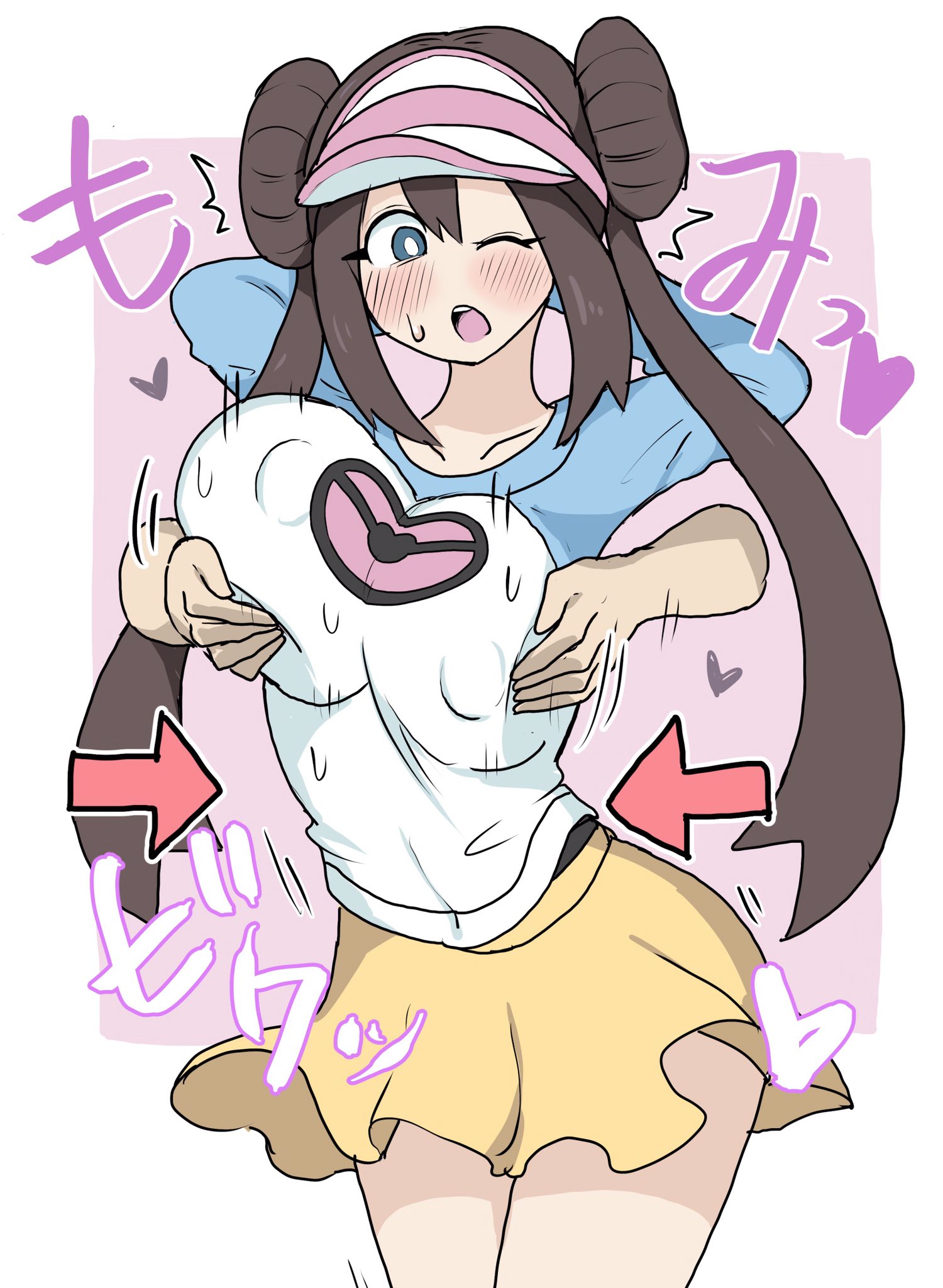 1girls, ambiguous gender, arms up, blue eyes, blush, breast grab, breasts, brown hair, disembodied hands, double bun, eye contact, female, fondling, from behind, groping, heart, huge breasts, human, large breasts, long hair, looking at viewer, motion lines, nintendo, nipple bulge, one eye closed, open mouth, pink background, pokemon, pokemon bw2, reach around, rosa (pokemon), shirt, skirt, solo focus, standing, surprised, sweat, text, thick thighs, trembling, twintails, wet, white border, white-stew, wide hips, wince