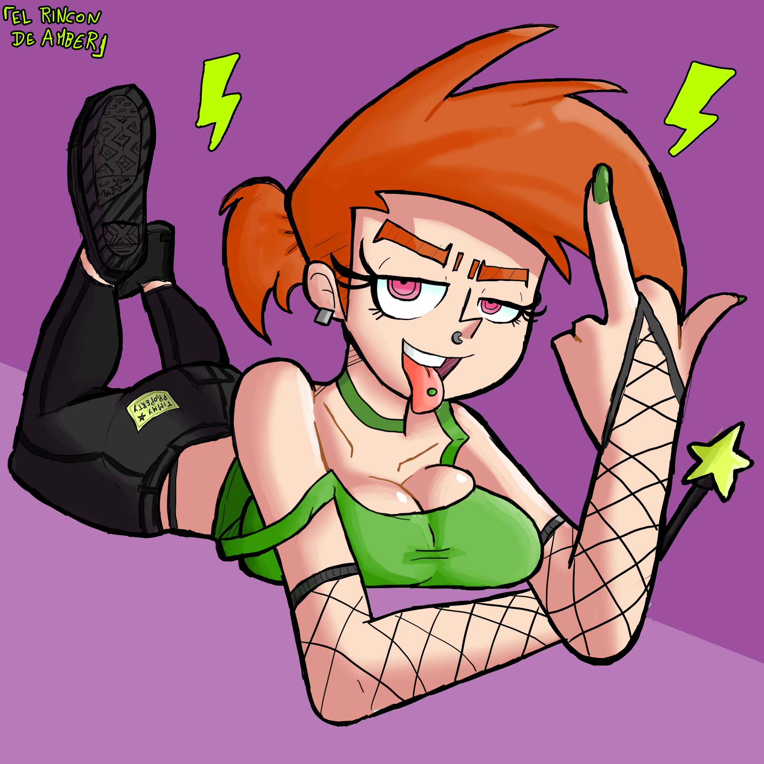 el rincon de amber, female, middle finger, nickelodeon, piercing, smooth skin, the fairly oddparents, tongue, tongue out, vicky (fairly odd parents)