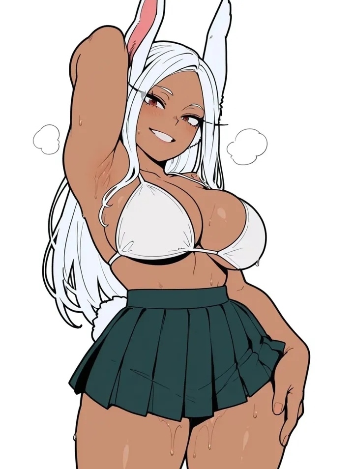 1girls, 2026, 2d, ai generated, arm behind head, big breasts, bikini top, boku no hero academia, bunny ears, dark-skinned female, female, green clothing, green skirt, huge breasts, instagram link, kawaiiaiarts, looking at viewer, miniskirt, mirko, miruko, more at source, my hero academia, pleated skirt, rumi usagiyama, school skirt, skirt, solo, superheroine, sweat, white bra, white hair