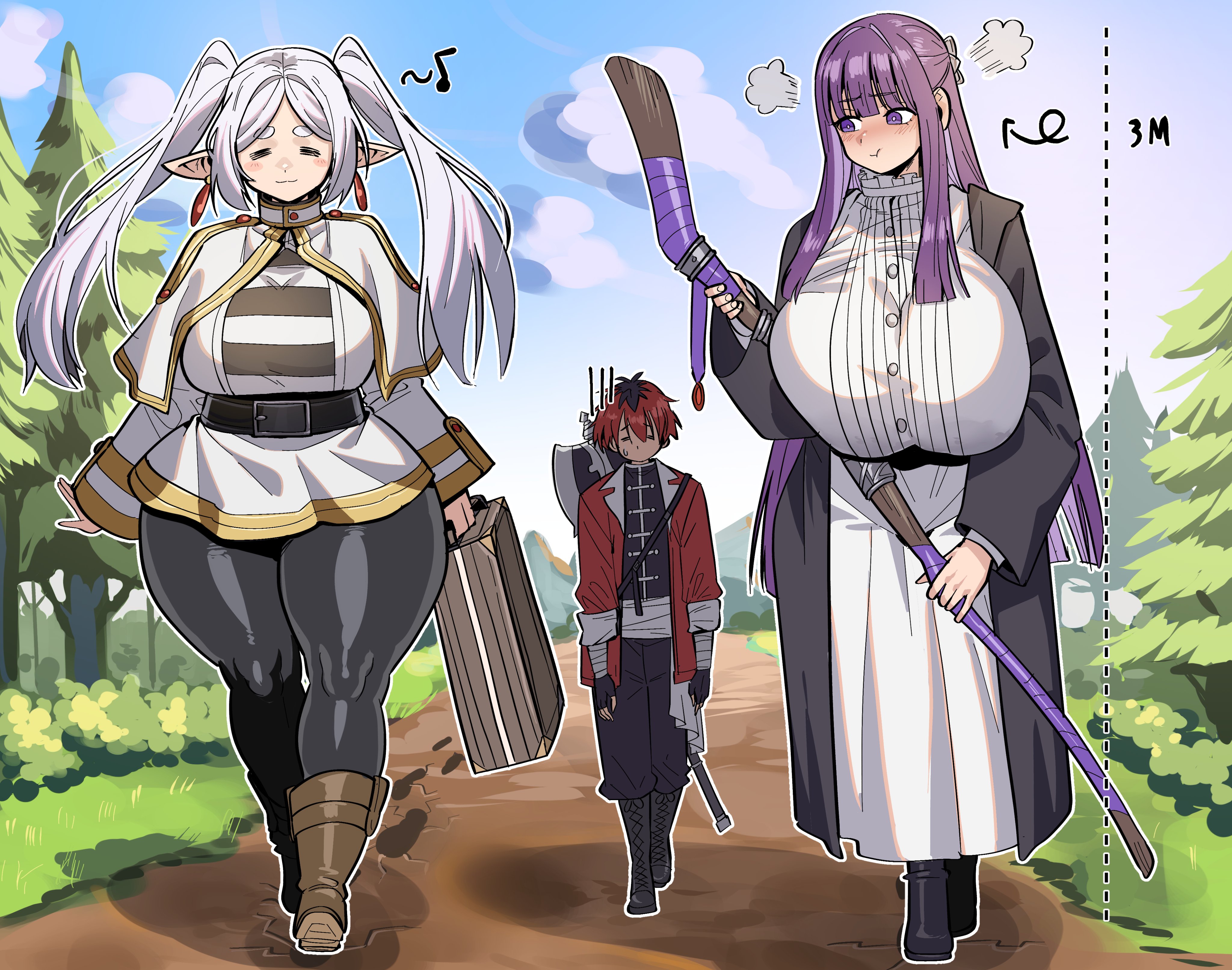 2girls, curvy, earrings, fern (sousou no frieren), frieren, frieren beyond journey's end, gamjasssak, huge ass, huge breasts, long hair, pointy ears, purple hair, sousou no frieren, staff, stark (sousou no frieren), thick ass, thick thighs, twintails, white hair, wide hips