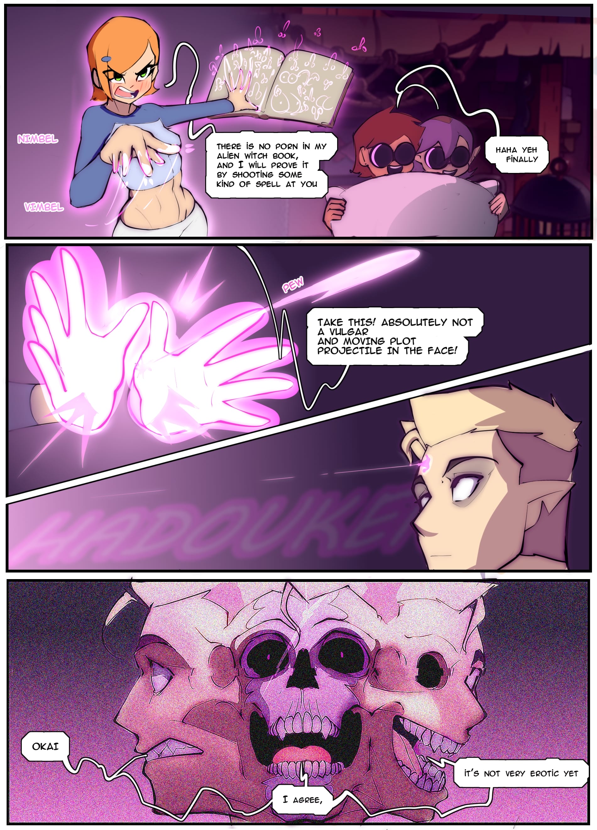 1boy, 3girls, amity blight, ben 10, ben 10 (classic), blonde hair, brown hair, comic, comic page, crossover, dgoger, english text, fangs, foursome, gwen tennyson, gwen tennyson (classic), hunter (the owl house), latina, luz noceda, purple hair, red hair, skull, spell, tagme, the owl house