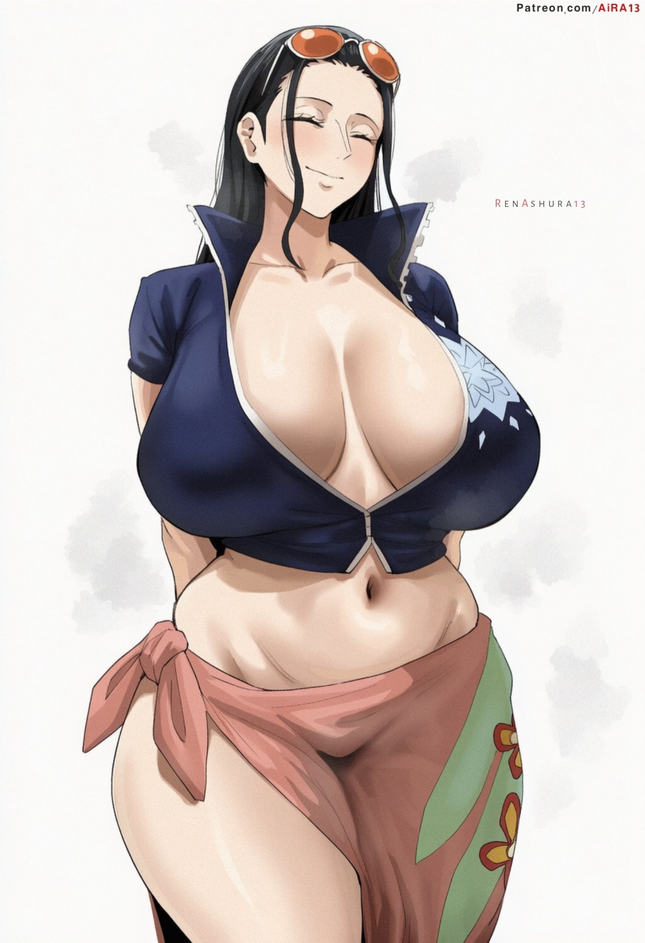 1girls, ai generated, aira13, arms behind back, big breasts, black hair, blush, breasts, breasts apart, closed eyes, collarbone, collared shirt, crop top, female, female only, flower print, glasses, huge breasts, long hair, mature female, navel, nico robin, no bra, no panties, one piece, renashura13, shirt, thick thighs, thighs, unzipped, zipper