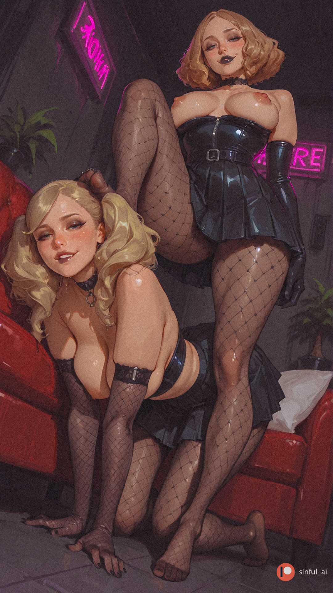 2girls, ai generated, aisinful, animal collar, animal ears, ann takamaki, areolae, ass, big ass, big breasts, big butt, blonde hair, blush, bodysuit, breasts, brown legwear, cat ears, choker, collar, elbow gloves, feet, female, female only, fishnet bodysuit, fishnet gloves, fishnet legwear, fishnets, gloves, hairy, haru okumura, hi res, large breasts, latex, leg hair, medium breasts, multiple girls, nipples, one breast out, pantyhose, persona, persona 5, thick thighs, thighs, twintails, wide hips, yuri