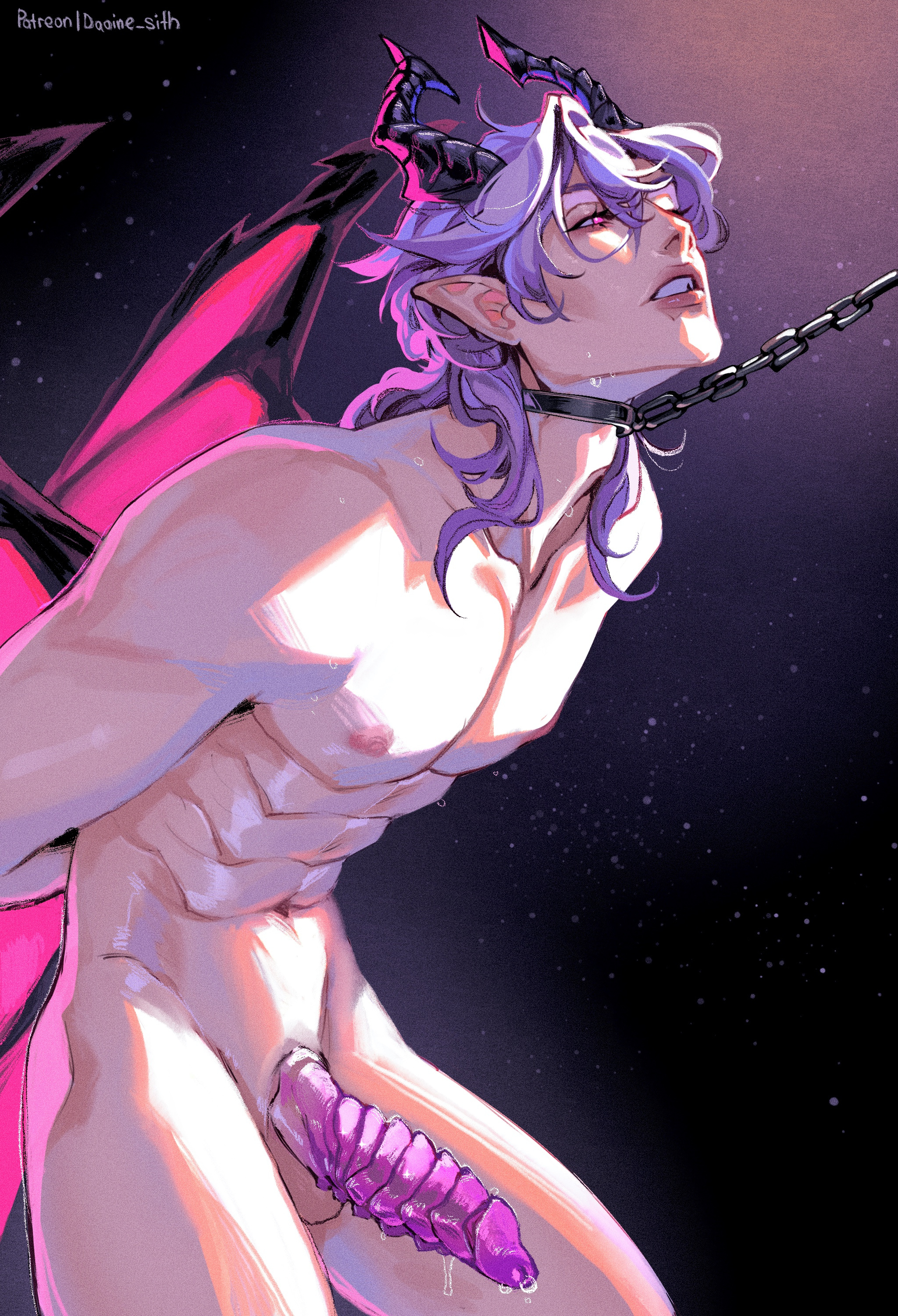 chained, chained collar, chains, daoine sith, demon horns, demon wings, durin (genshin impact), elf ears, genshin impact, horns, leaking, leaking penis, leaking precum, male, male only, masculine, monster cock, monster dick, muscular, muscular male, penis, pink eyes, pink eyes male, purple hair, purple hair male, submissive, submissive male, sweat, sweatdrop, sweating, sweaty, sweaty body, wings