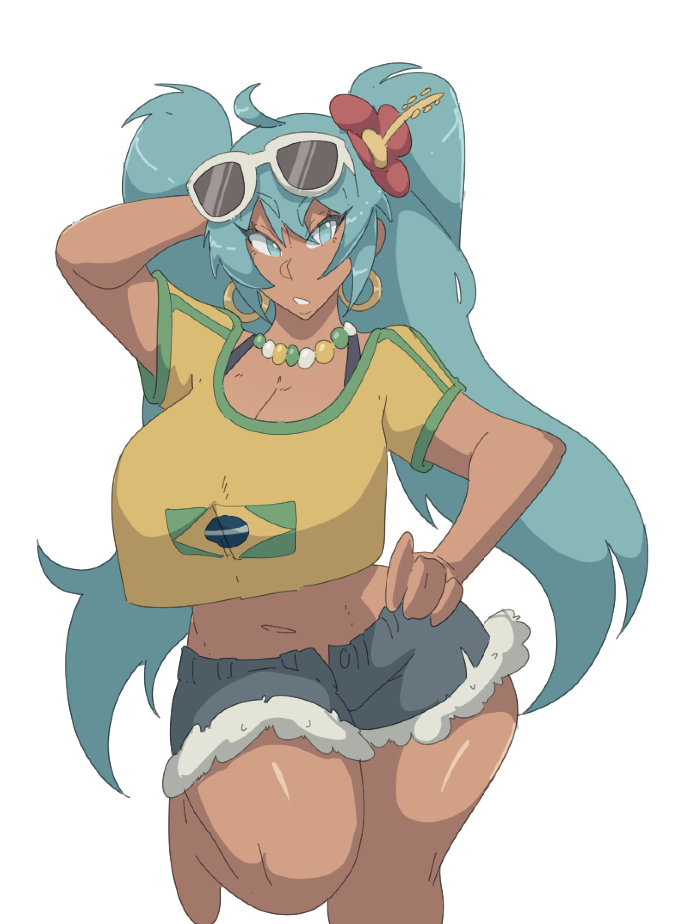 1girl, ahoge, aqua eyes, aqua hair, blue eyes, blue hair, brazilian miku, breasts, cleavage, crop top, crop top overhang, cutoffs, dark skin, dark-skinned female, denim, denim shorts, earrings, eyewear on head, flower, fully clothed, hair flower, hair ornament, hand on hip, hatsune miku, hoop earrings, jewelry, large breasts, leedraw11, long hair, looking at viewer, midriff, navel, necklace, shirt, short shorts, shorts, simple background, solo, sunglasses, thick thighs, thunder thighs, twintails, very long hair, vocaloid, white background