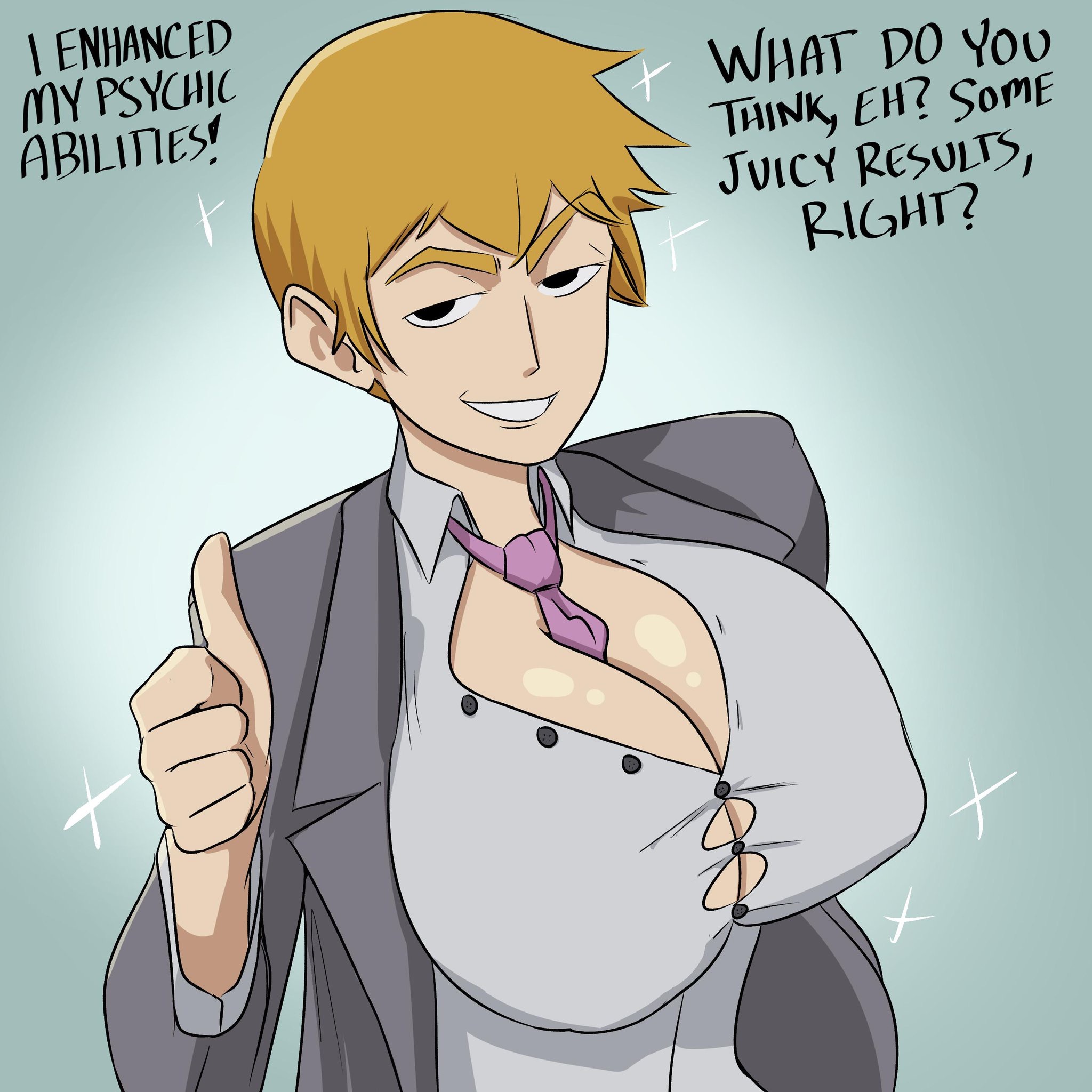 1boy, arataka reigen, big breasts, breasts, busty, huge breasts, male, male with breasts, mob psycho 100, nightpickle, nipple bulge, rule 63, simple background, solo, suit, text