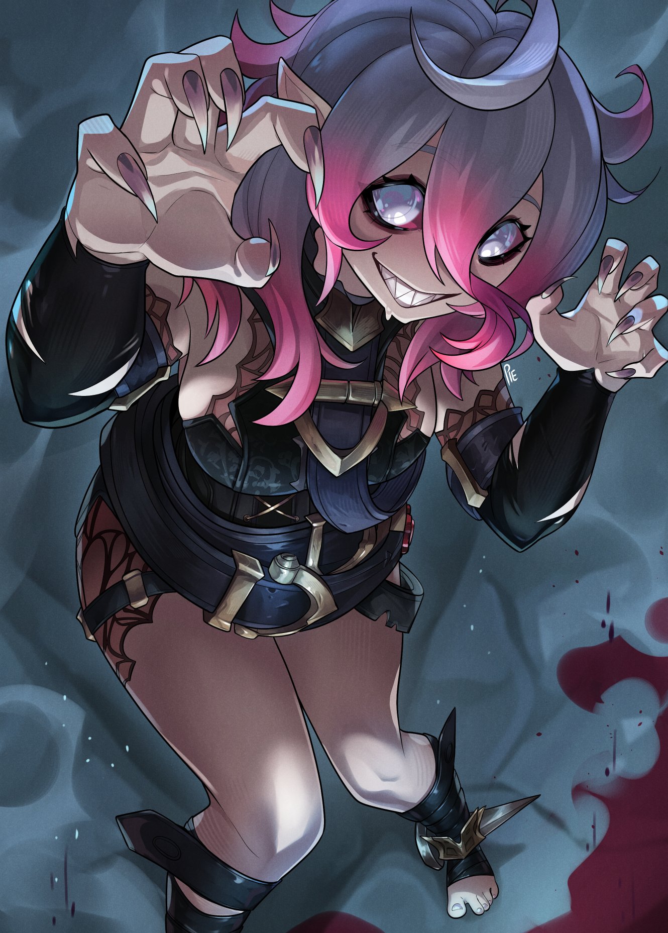 bare thighs, barefoot, blind, blind eye, briar (league of legends), clawed fingers, female, female only, league of legends, long nails, pietheunusual, pink hair, pink streak, smile, smiling, smiling at viewer, two-tone hair, white hair