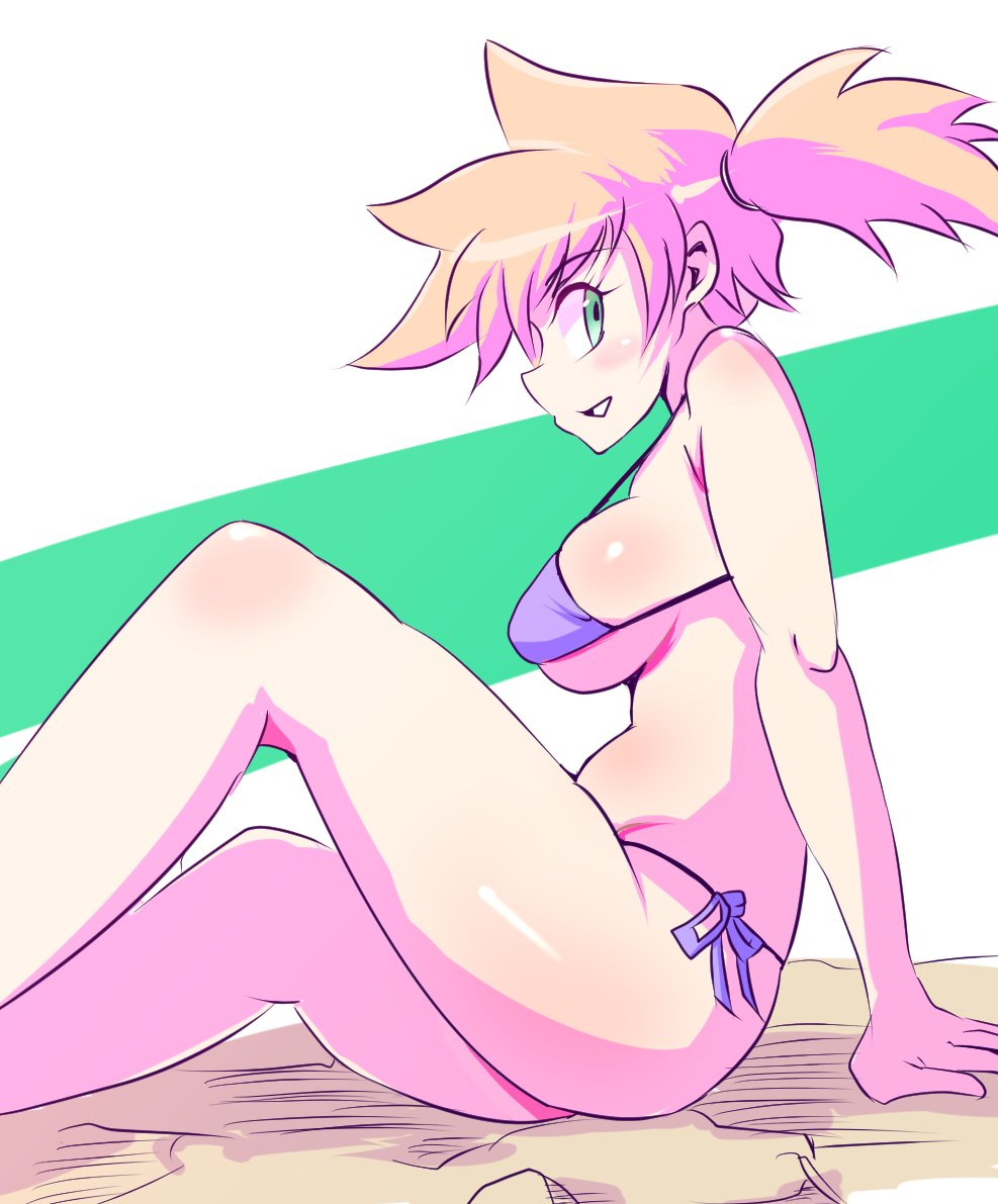 1girls, alternate breast size, alternate outfit, ass, beach, big breasts, bikini, blush, breasts, cleavage, eye contact, female, green eyes, human, kasumi (pokemon), large breasts, legs, looking at viewer, nintendo, orange hair, pokemon, pokemon rgby, side view, sideboob, sitting, solo, thick thighs, tomozawa mamoru, underboob, wide hips