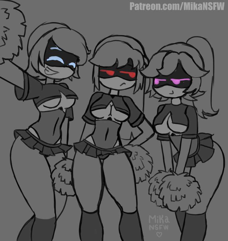 3girls, blue eyes, cheerleader, cheerleader uniform, doll (murder drones), drone, female, female focus, female only, grey background, hand on hip, lizzy (murder drones), mikansfw, murder drones, pink eyes, pom poms, rebecca (murder drones), red eyes, skirt, smiling, worker drone