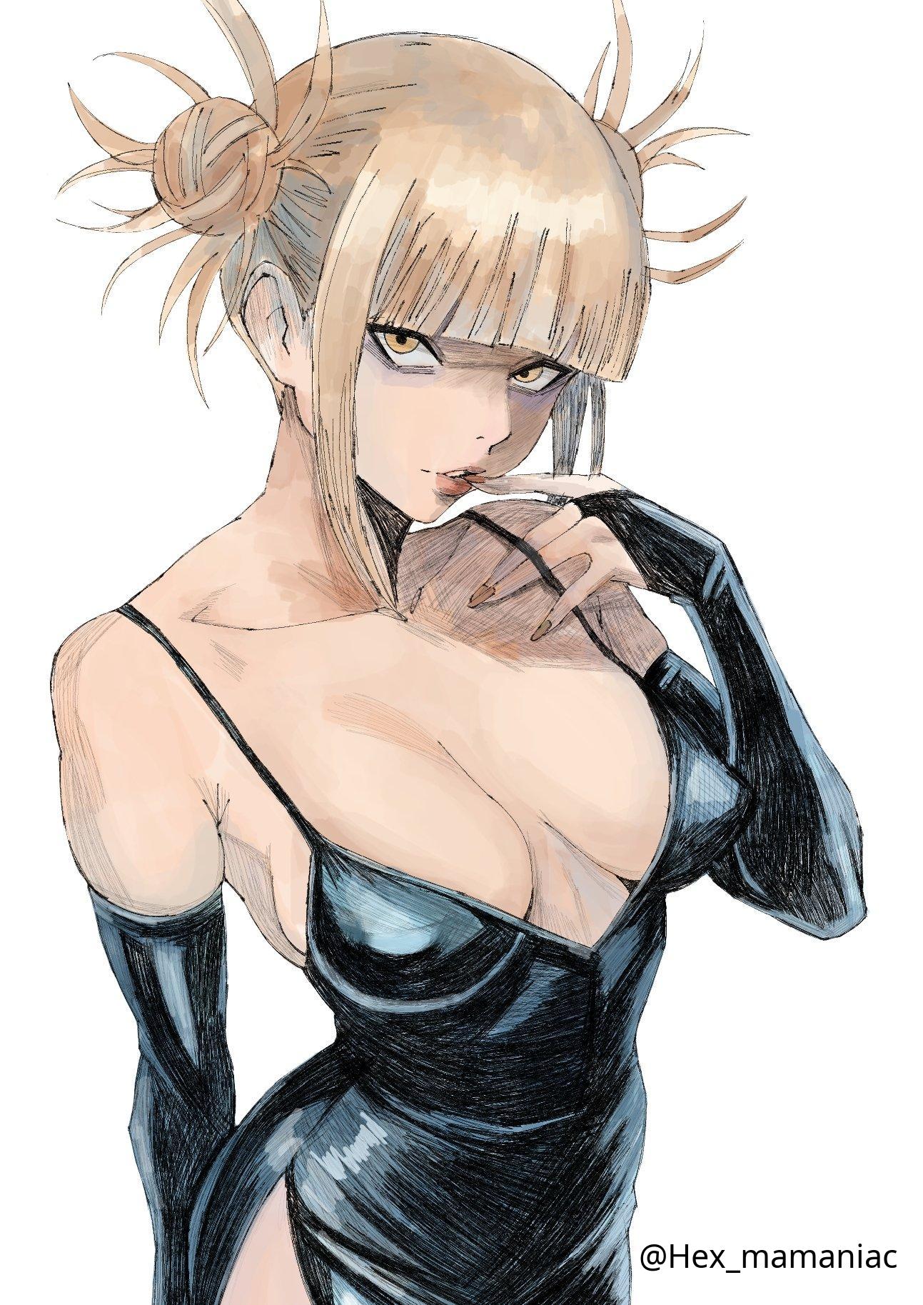 1girls, 2d, 2d (artwork), 2d artwork, alternate version at source, alternate version available, artist name, bangs, bare shoulders, barely covered, barely covered breasts, big breasts, black clothes, black dress, black elbow gloves, black gloves, black half gloves, black long gloves, black outfit, black topwear, blonde female, blonde hair, blonde hair female, blonde-haired female, blunt bangs, boku no hero academia, breasts, breasts apart, busty, busty female, busty girl, busty teen, busty teenager, cleavage, clothes, collarbone, colored, digital, digital art, digital drawing, digital drawing (artwork), digital media, digital media (artwork), double bun, drawing, dress, elbow gloves, elbows, female, female focus, female only, fingernails, fingers, gloves, hair bun, hair buns, half gloves, head tilt, hex mamaniac, high resolution, highres, himiko toga, inframammary fold, large boobs, large breasts, lean figure, light skin, light-skinned female, long gloves, long nails, looking at viewer, looking up, looking up at viewer, medium breasts, more at source, my hero academia, nail polish, nails, narrow waist, nipple bulge, no bra, outfit, painted nails, parted lips, red fingernails, red nail polish, red nails, seductive, seductive eyes, seductive look, seductive pose, shoulders, sidelocks, simple background, sketch, slender body, slender waist, slim female, slim waist, social media, solo, standing, straight hair, teenage tits, thigh slit, tied hair, tight cleavage, tight clothes, tight clothing, tight dress, tight fit, tight outfit, tight topwear, tilted head, toga himiko, topwear, twin buns, twitter username, upper body, white background, wide hips, yellow eyes, yellow hair, yellow-eyed female, yellow-haired female