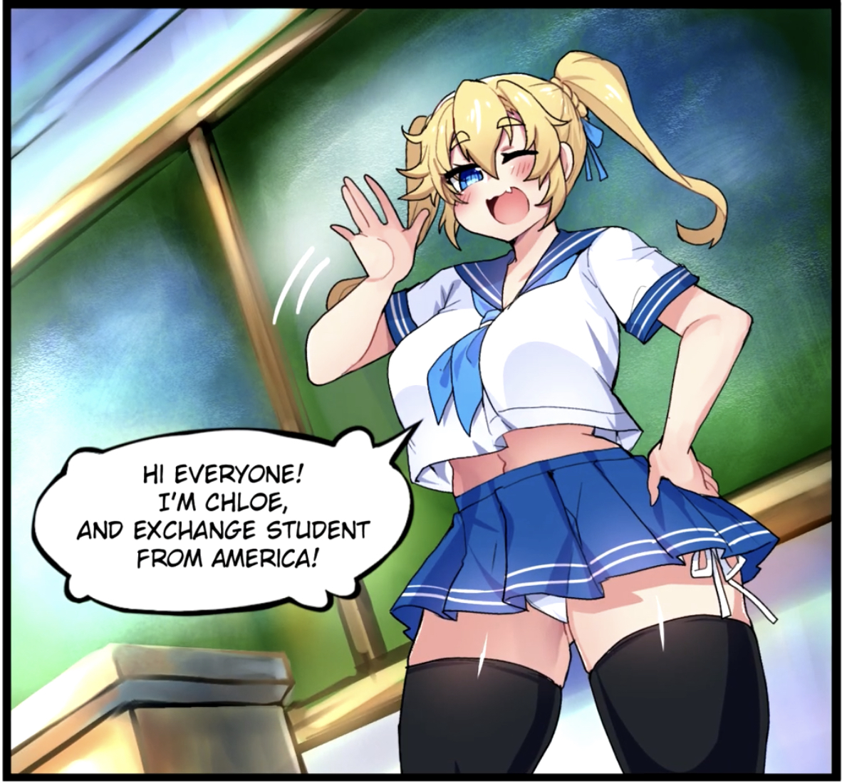 ass visible through thighs, big breasts, blonde hair, blue eyes, blush, breasts, comic, curvy, english text, female, hair ribbon, looking at viewer, oerba yun fang, open mouth, original, osiimi, panties, school uniform, schoolgirl, side-tie panties, skirt, solo, speech bubble, thick thighs, thighhighs, twintails, waving, wide hips, wink