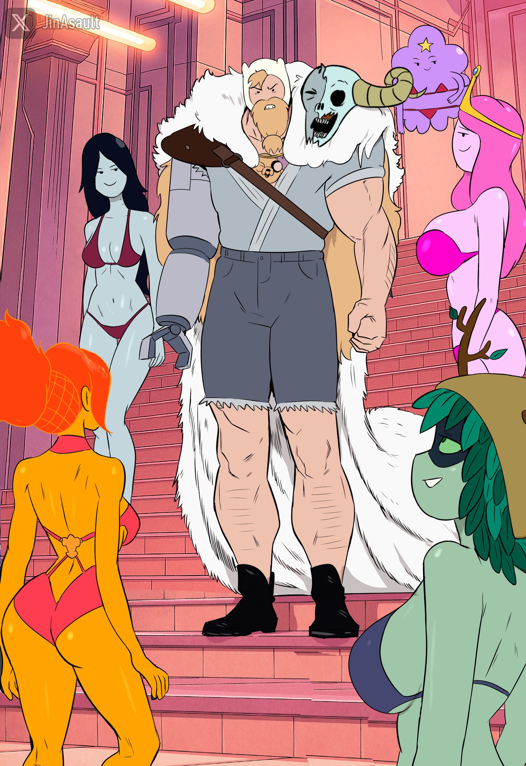 1boy, 2d, 2d (artwork), 5girls, adult finn, adventure time, adventure time: fionna & cake, ass, big breasts, bikini, blonde hair, blonde male, blonde-haired male, blue bikini, curvy, d:<, finn the human, flame princess, goes hard, green body, grey body, harem, harem girl, huntress wizard, invincible, jake the dog, jinasault, lumpy space princess, marceline, medium breasts, meme, orange body, pink bikini, pink body, princess bubblegum, purple body, red bikini, redraw, submissive female, suit, swimsuit, thragg harem meme, vampire girl