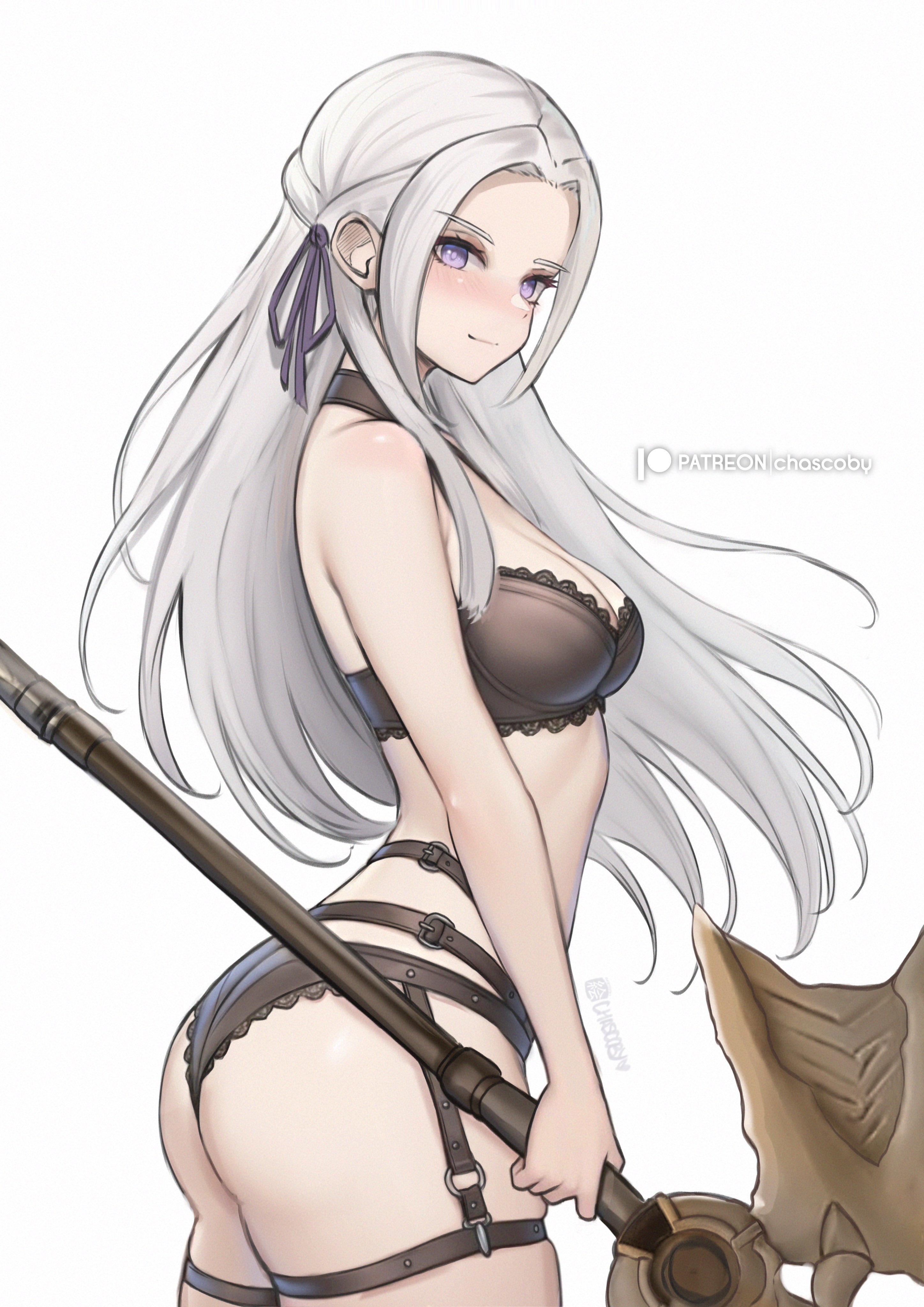 absurdres, arched back, ass, axe, bare shoulders, black bra, black panties, blush, bra, breasts, chascoby, cleavage, commentary, edelgard von hresvelg, english commentary, female, female only, fire emblem, from side, hair ribbon, highres, holding, holding axe, holding weapon, lace, lace panties, large breasts, lingerie, long hair, looking at viewer, nintendo, panties, purple eyes, ribbon, simple background, solo, thigh strap, thighs, underwear, underwear only, weapon, white hair