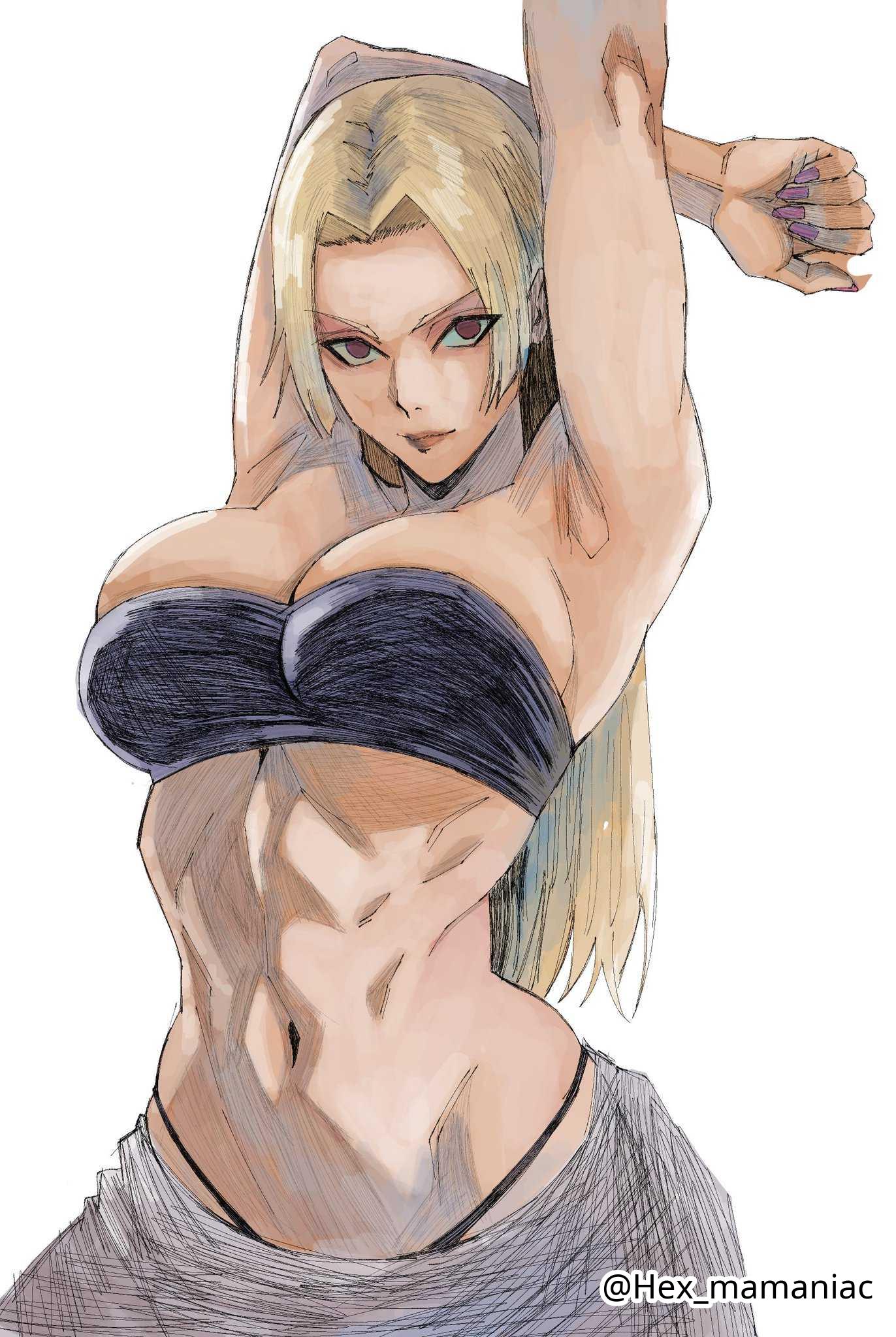 1girls, 2d, 2d (artwork), 2d artwork, adult, adult female, arm above head, arm behind head, arm up, armpit, armpit crease, armpit peek, armpits, bare armpits, bare arms, bare belly, bare chest, bare hands, bare midriff, bare navel, bare shoulders, bare skin, belly, belly button, big breasts, black panties, black thong, black underwear, blonde female, blonde hair, blonde hair female, blonde-haired female, breasts, brown eyes, brown-eyed female, busty, busty female, busty girl, cleavage, collarbone, curvaceous, curvaceous body, curvaceous female, curvaceous figure, curvaceous hips, curvy, curvy body, curvy female, curvy figure, curvy hips, digital, digital art, digital drawing, digital drawing (artwork), digital media, digital media (artwork), drawing, elbows, exposed armpits, exposed arms, exposed belly, exposed chest, exposed midriff, exposed navel, exposed shoulders, exposed skin, female, female focus, female only, female torso, fingernails, fingers, hairless armpits, hand above head, hand behind head, hand up, hex mamaniac, high resolution, highres, hourglass figure, jujutsu kaisen, large boobs, large breasts, lean figure, linea alba, long hair, looking at viewer, mature, mature female, midriff, nail polish, nails, narrow waist, navel, panties, parted bangs, posing, posing for the viewer, presenting armpit, purple fingernails, purple nail polish, purple nails, shaved armpits, shoulders, simple background, sketch, skindentation, slender body, slender waist, slim female, slim waist, solo, standing, stomach, thong, tsukumo yuki (jujutsu kaisen), underwear, upper body, white background, wide hips, yuki tsukumo