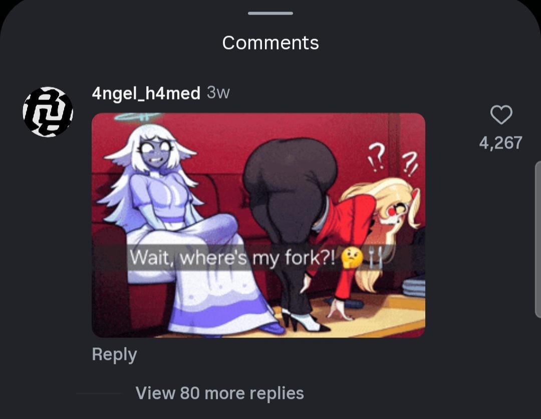 1futa, bending over, blonde hair, bulge, charlie morningstar (hazbin hotel), emily (hazbin hotel), fat ass, female, futanari, hazbin hotel, hazbin hotel (season 2), instagram, meme, question mark, shitpost, unknown artist, wet bulge