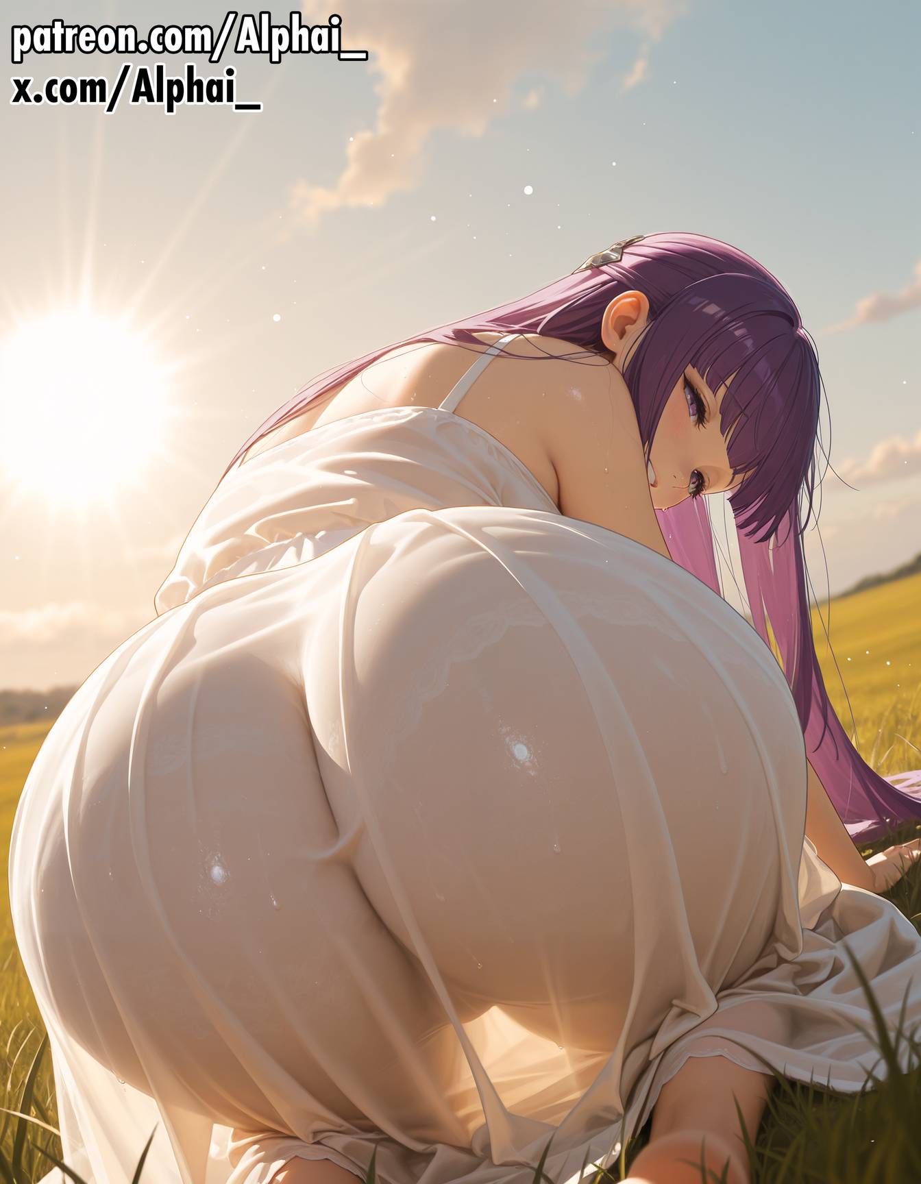 2025, 2026, absurd res, absurdres, ai generated, alphai, ass focus, ass up, big ass, big breasts, blush, blush lines, cinematic lighting, colorful background, curvy, depth of field, detailed background, detailed hair, detailed skin, dramatic shadows, dress, face down, female, female only, fern (sousou no frieren), fisheye lens, from behind, grass, high quality, high resolution, highres, huge butt, kneeling, naughty face, no panties, outdoors, particles, perspective, purple eyes, purple hair, raised eyebrows, see-through, see-through clothing, semirealistic, skindentation, solo, sousou no frieren, steaming body, sweat, volumetric lighting, white dress