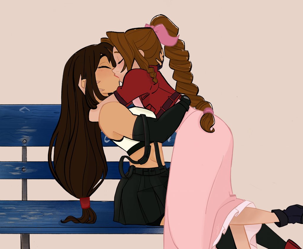 2girls, aerith gainsborough, artist request, bench, black hair, bow, brown hair, clothing, dress, eyes closed, female, final fantasy, final fantasy vii, gloves, kissing, lesbian, ponytail, red lipstick, skirt, tifa lockhart, yuri