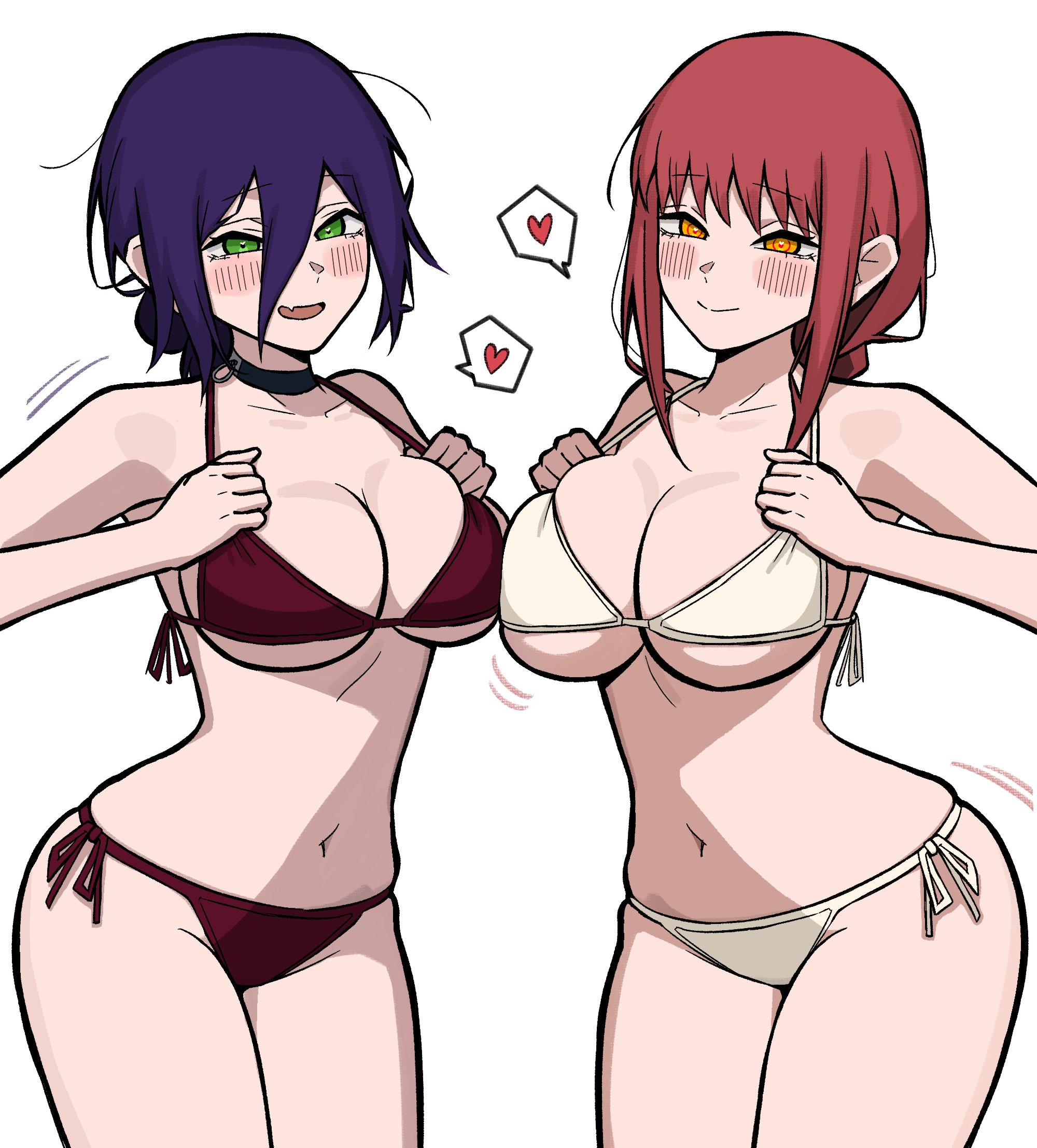 ///, 2d, 2d (artwork), 2d artwork, 2girls, adult, adult female, aguxxxuu, alternate breast size, back-tie bikini, back-tie swimwear, bare armpits, bare arms, bare belly, bare chest, bare hands, bare hips, bare legs, bare midriff, bare navel, bare shoulders, bare skin, bare thighs, belly, belly button, bewitching thighs, big breasts, bikini, bikini bottom, bikini only, bikini top, black choker, black hair, black-haired female, blush, blush face, blushing at viewer, blushing female, blushing lines, braid, braided hair, braided ponytail, breast press, breast press on chest, breast squeeze, breasts, breasts press, breasts pressed against another, breasts pressed against partner, breasts pressed together, brown bikini, brown bikini bottom, brown bikini top, brown swimsuit, brown swimwear, busty, busty female, busty girl, busty teen, busty teenager, chainsaw man, child bearing hips, choker, cleavage, closed mouth smile, collarbone, curvaceous, curvaceous body, curvaceous female, curvaceous figure, curvaceous hips, curvaceous teenager, curvy, curvy body, curvy female, curvy figure, curvy hips, curvy teen, digital, digital art, digital drawing, digital drawing (artwork), digital media, digital media (artwork), drawing, elbows, exposed armpits, exposed arms, exposed belly, exposed chest, exposed hips, exposed legs, exposed midriff, exposed navel, exposed shoulders, exposed skin, exposed thighs, eyebrows visible through hair, female, female focus, female only, fertile hips, fingers, green eyes, green-eyed female, groin, hair between eyes, half naked, half nude, halterneck, head tilt, heart, high resolution, highres, hourglass figure, inguinal crease, inguinal ligament, large boobs, large breasts, lean figure, legs closed, legs together, long hair, looking at viewer, makima (chainsaw man), mature, mature female, midriff, multiple females, multiple girls, naked, naked female, naked woman, narrow waist, navel, nude, nude female, nudity, open mouth, open mouth smile, parted lips, ponytail, posing, posing for the viewer, posing naked, posing nude, pressing breast on partner, pressing breasts, pressing breasts together, pushing breasts together, pushing breasts up, red hair, red-haired female, reze (chainsaw man), ring eyes, ringed eyes, semi nude, shoulders, side-tie bikini, sidelocks, simple background, slender body, slender waist, slim female, slim waist, smile, smiley face, smiling, smiling at viewer, squeezing breast, squeezing breasts, squeezing breasts together, standing, string bikini, swimsuit, swimwear, teen girl, teenage female, teenage girl, teenage tits, teenager, thick thighs, thighs, thighs together, tilted head, tongue, upper body, white background, white bikini, white bikini bottom, white bikini top, white swimsuit, white swimwear, wide hips, yellow eyes, yellow-eyed female, young female, young woman