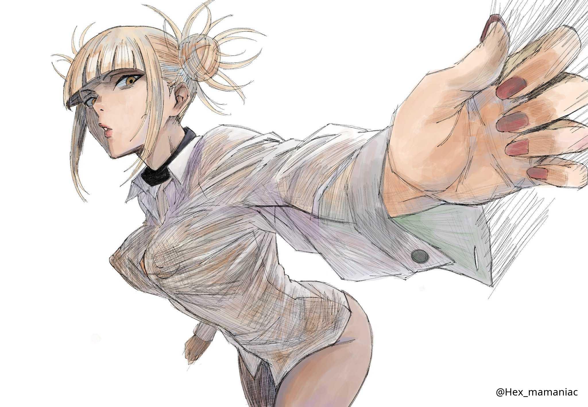 1girls, 2d, 2d (artwork), 2d artwork, areola, areolae, black choker, blonde female, blonde hair, blonde hair female, blonde-haired female, blunt bangs, boku no hero academia, breasts, choker, digital, digital art, digital drawing, digital drawing (artwork), digital media, digital media (artwork), double bun, drawing, female, female focus, female only, fingernails, fingers, hair bun, head tilt, hex mamaniac, high resolution, highres, himiko toga, large breasts, lblonde hair, lean figure, leaning, leaning forward, looking at viewer, my hero academia, nail polish, nails, narrow waist, nipples, pink areola, pink areolae, pink nipples, posing, red fingernails, red nail polish, red nails, shirt, short hair, shoulders, simple background, slender body, slender waist, slim female, slim waist, solo, standing, thick thighs, thighs, tilted head, toga himiko, twin buns, upper body, white background, white shirt, white topwear, yellow eyes, yellow hair, yellow-eyed female, yellow-haired female