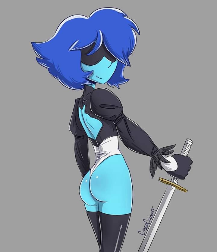 1girls, alternate costume, ass, blindfold, cartoon network, cosplay, cubedcoconut, female, female only, gem (species), grey background, lapis lazuli (steven universe), legwear, masked, masked female, nier, nier: automata, solo female, steven universe, sword, thighhighs, yorha 2b (cosplay)