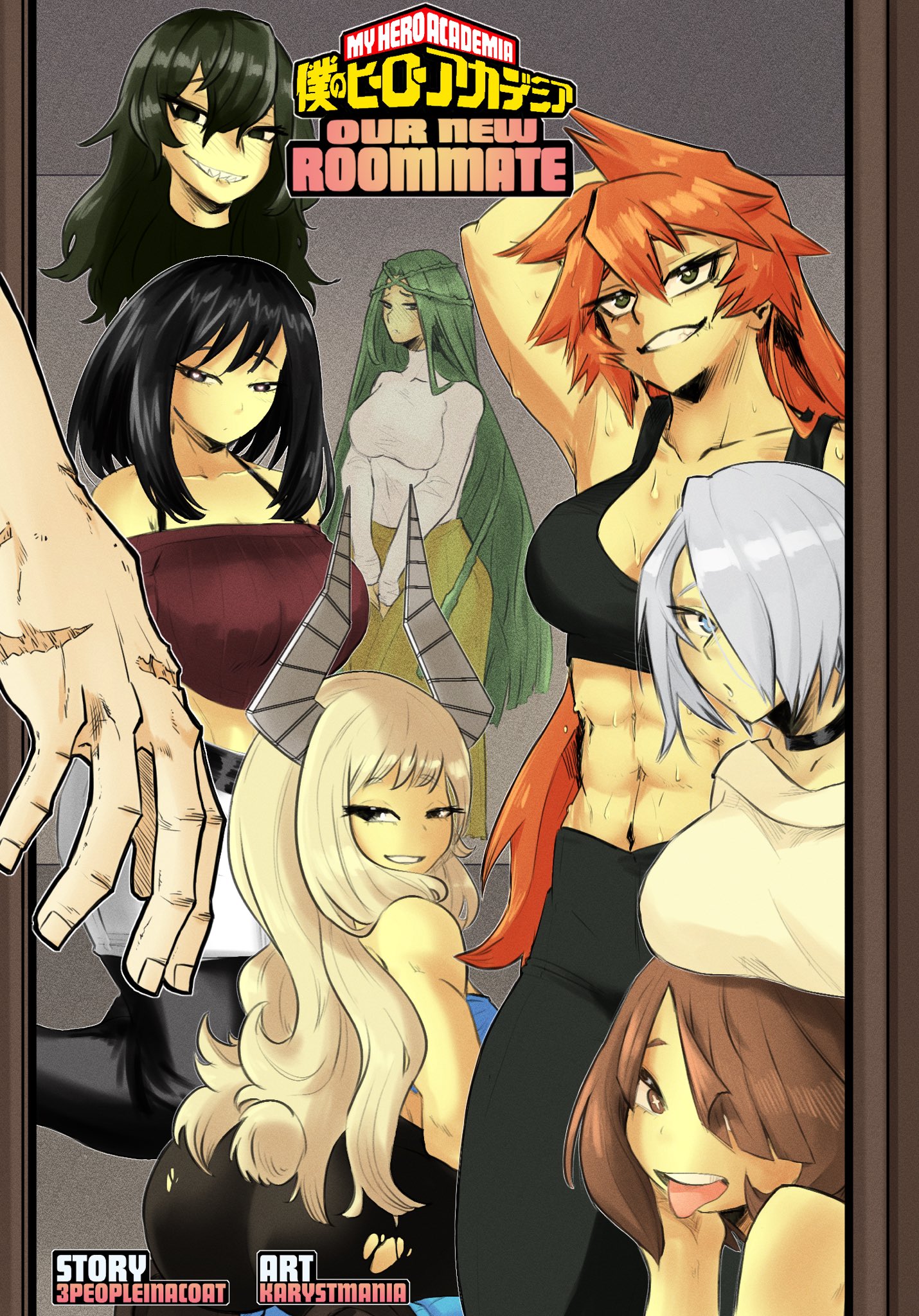 1boy, 7girls, black-haired female, blonde-haired female, boku no hero academia, brown-haired female, class 1b, green-haired female, harem, ibara shiozaki, itsuka kendou, izuku midoriya, karymaniac, kendou itsuka, kodai yui, komori kinoko, midoriya izuku, my hero academia, orange hair, orange-haired female, promotional art, reiko yanagi, shiozaki ibara, tokage setsuna, tsunotori pony, white-haired female, yanagi reiko, yui kodai
