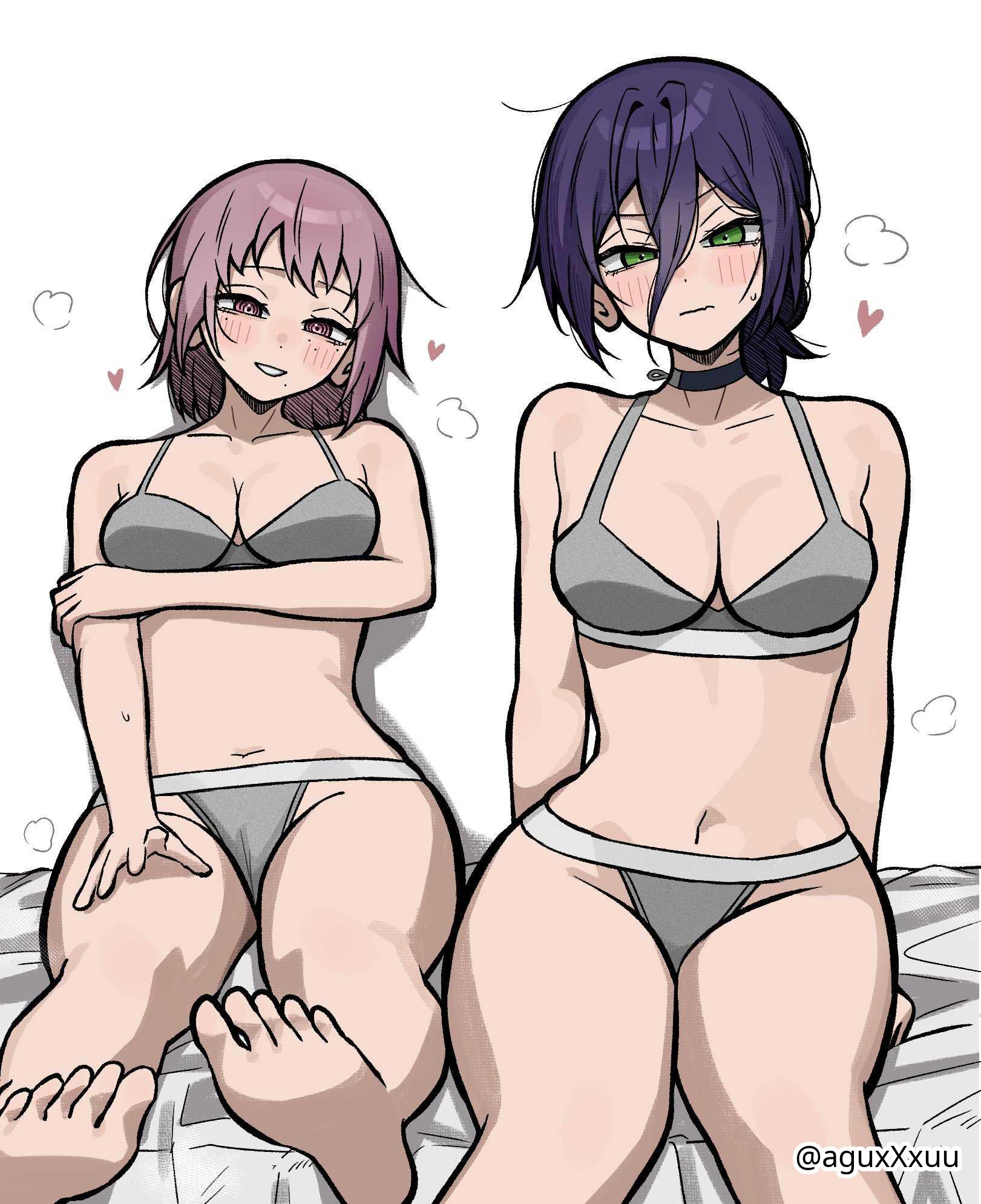 2d, 2d (artwork), 2d artwork, 2girls, aguxxxuu, alternate breast size, arm behind back, bare arms, bare belly, bare chest, bare hands, bare hips, bare legs, bare midriff, bare navel, bare shoulders, bare skin, bare soles, bare thighs, bare toes, barefoot, belly, belly button, black choker, black hair, black-haired female, blush, blush face, blushing at viewer, blushing female, blushing lines, bra, breasts, busty, busty female, busty girl, busty teen, busty teenager, chainsaw man, choker, cleavage, collarbone, curvaceous, curvaceous body, curvaceous female, curvaceous figure, curvaceous hips, curvaceous teenager, curvaceous thighs, curvy, curvy body, curvy female, curvy figure, curvy hips, curvy teen, curvy thighs, death devil (chainsaw man), digital, digital art, digital drawing, digital drawing (artwork), digital media, digital media (artwork), drawing, elbows, exposed arms, exposed belly, exposed chest, exposed hips, exposed legs, exposed midriff, exposed navel, exposed shoulders, exposed skin, exposed thighs, exposed toes, eyebrows visible through hair, feet, female, female focus, female only, fingers, frown, frown eyebrows, frowning, frowning at viewer, full body, green eyes, green-eyed female, grey bra, grey panties, grey underwear, groin, hair between eyes, hand behind back, head tilt, heart, high resolution, highres, hourglass figure, inguinal crease, inguinal ligament, lean figure, legs, legs closed, legs together, long hair, looking at viewer, matching underwear, medium breasts, medium hair, midriff, mole on face, mole under each eye, mole under eye, mole under eyes, mole under mouth, multiple females, multiple girls, narrow waist, navel, panties, parted lips, pink eyes, pink-eyed female, purple hair, purple-haired female, reze (chainsaw man), shoulders, simple background, sitting, slender body, slender waist, slim female, slim waist, smile, smiley face, smiling, smiling at viewer, soles, teen girl, teenage female, teenage girl, teenage tits, teenager, thick thighs, thighs, thighs together, tilted head, toes, underwear, underwear only, white background, wide hips, young female, young woman