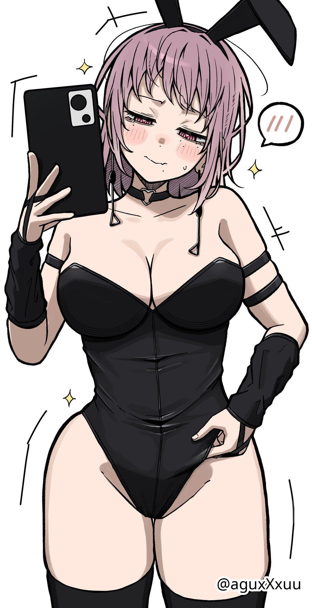 1girls, 2d, 2d (artwork), 2d artwork, aguxxxuu, black bunny ears, black bunnysuit, black choker, black hairband, black legwear, black leotard, black stockings, black thigh highs, black thighhighs, black topwear, blush, blush face, blushing at viewer, blushing female, blushing lines, breasts, bunny ears, bunnygirl, bunnygirl outfit, bunnysuit, chainsaw man, choker, cleavage, collarbone, curvaceous, curvaceous body, curvaceous female, curvaceous figure, curvaceous hips, curvaceous teenager, curvy, curvy body, curvy female, curvy figure, curvy hips, curvy teen, death devil (chainsaw man), digital, digital art, digital drawing, digital drawing (artwork), digital media, digital media (artwork), drawing, earrings, elbows, embarrassed, embarrassed expression, embarrassed female, eyebrows visible through hair, female, female focus, female only, fingers, flustered, flustered female, groin, head tilt, high resolution, highres, hourglass figure, inguinal crease, inguinal ligament, large breasts, lean figure, legwear, leotard, looking at viewer, medium hair, mole on face, mole under each eye, mole under eye, mole under eyes, mole under mouth, narrow waist, pink eyes, pink-eyed female, purple hair, purple-haired female, ring eyes, ringed eyes, selfie, selfie pose, shoulders, simple background, slender body, slender waist, slim female, slim waist, solo, standing, stockings, thick thighs, thigh gap, thigh highs, thighhighs, thighs, tilted head, topwear, upper body, white background, wide hips
