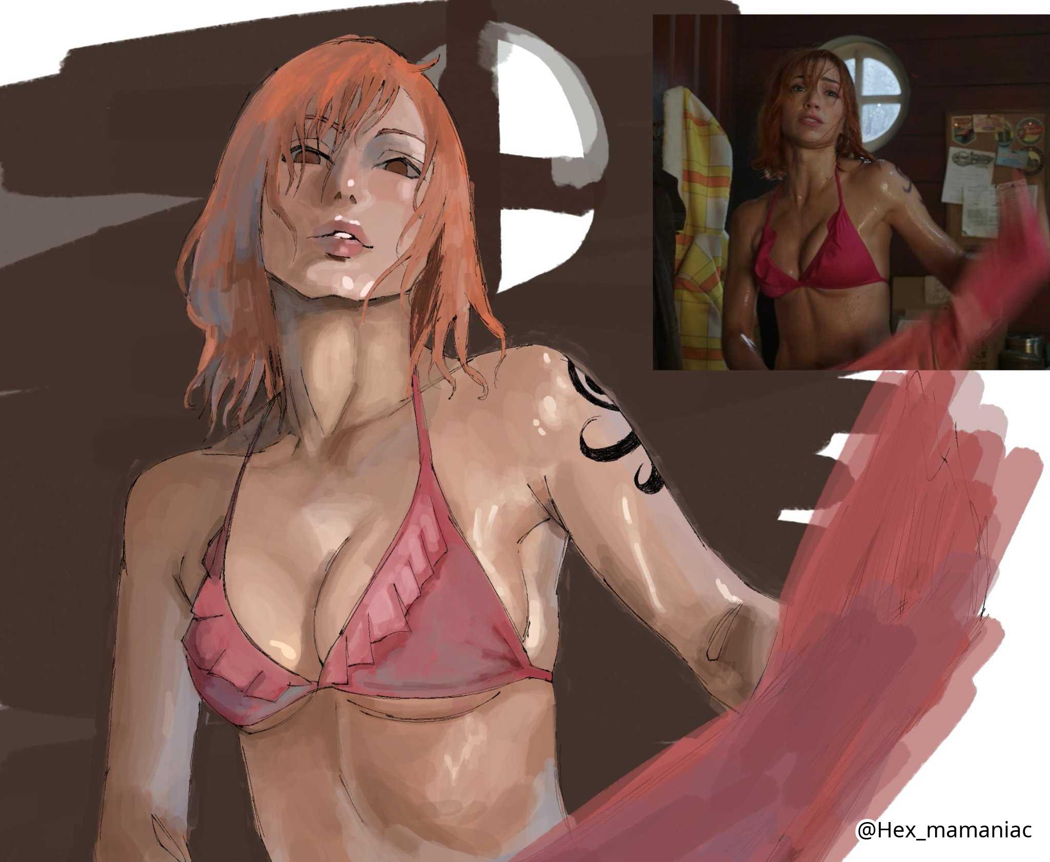 1girls, 2d, 2d (artwork), 2d artwork, adult, adult female, arm tattoo, average breasts, bare armpits, bare arms, bare belly, bare breasts, bare chest, bare hands, bare midriff, bare nipples, bare shoulders, bare skin, bare tits, bare torso, belly, belly button, bikini, bikini only, bikini top, blue tattoo, breasts, brown eyes, brown-eyed female, busty, busty female, cleavage, collarbone, digital, digital art, digital drawing, digital drawing (artwork), digital media, digital media (artwork), drawing, emily rudd, exposed armpits, exposed arms, exposed belly, exposed breasts, exposed chest, exposed midriff, exposed nipples, exposed shoulders, exposed skin, exposed torso, female, female focus, female only, female torso, ginger, ginger hair, half naked, half nude, halterneck, head tilt, hex mamaniac, high resolution, highres, indoor, indoor nudity, indoors, inframammary fold, lean figure, linea alba, looking at viewer, mature, mature female, medium breasts, medium hair, midriff, naked, naked female, naked woman, nami (one piece), narrow waist, navel, nude, nude female, nudity, one piece, one piece (live action), orange eyebrows, orange hair, orange hair female, orange-haired female, pink bikini, pink bikini top, pink swimsuit, pink swimwear, pre-timeskip, reference, reference image, semi nude, shoulders, slender body, slender waist, slim female, slim waist, solo, standing, stomach, string bikini, swimsuit, swimwear, tattoo, tattoo on arm, tattooed arm, tilted head, upper body