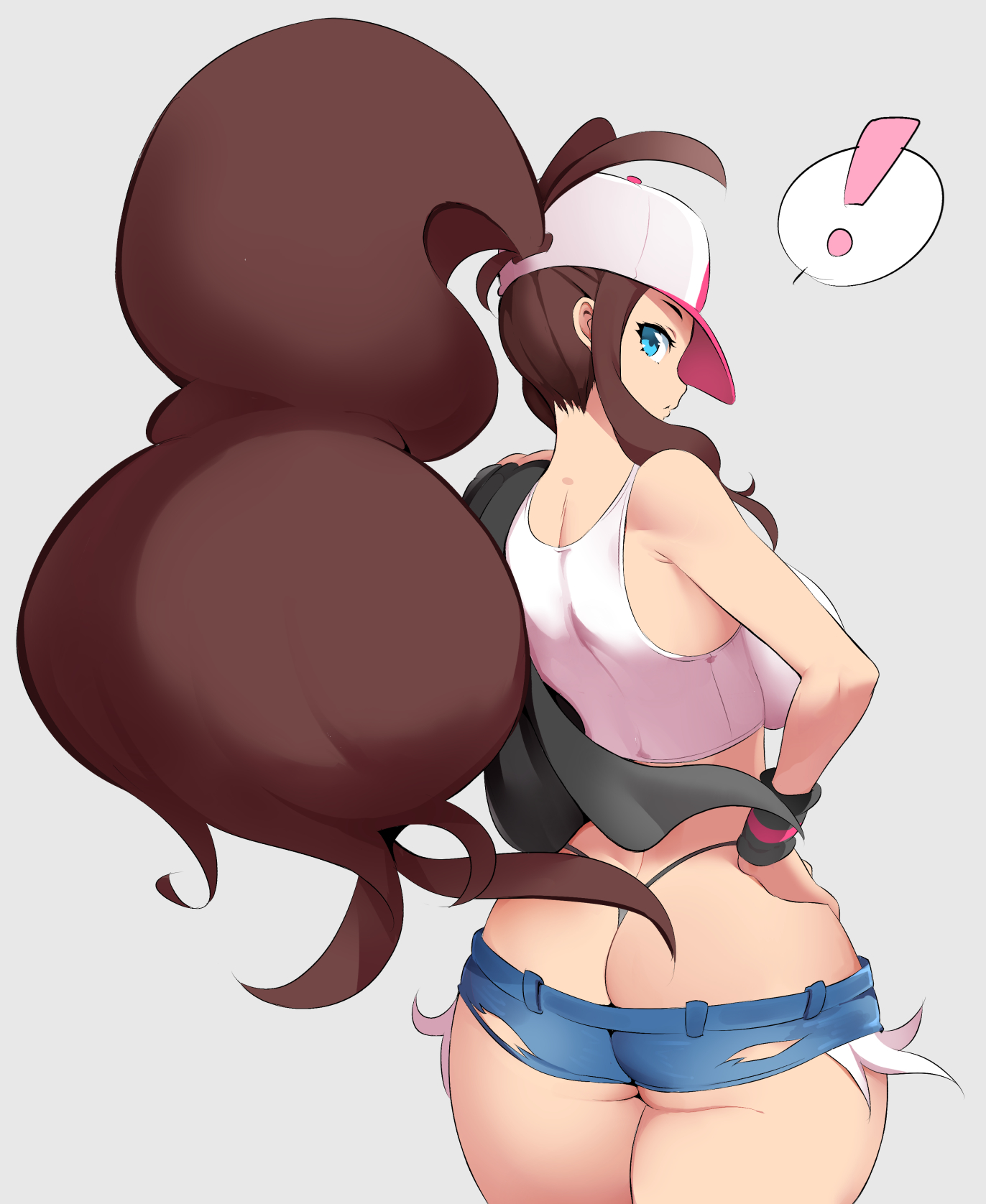 1girls, aged up, ass, ass cleavage, ass crack, big ass, big breasts, blue eyes, breasts, brown hair, butt crack, eye contact, female, female only, from behind, hat, hilda (pokemon), human, large breasts, long hair, looking at viewer, looking back, nac000, nintendo, pokemon, pokemon bw, ponytail, short shorts, shorts, sideboob, skimpy clothes, solo, source request, tank top, thick thighs, thong, wide hips