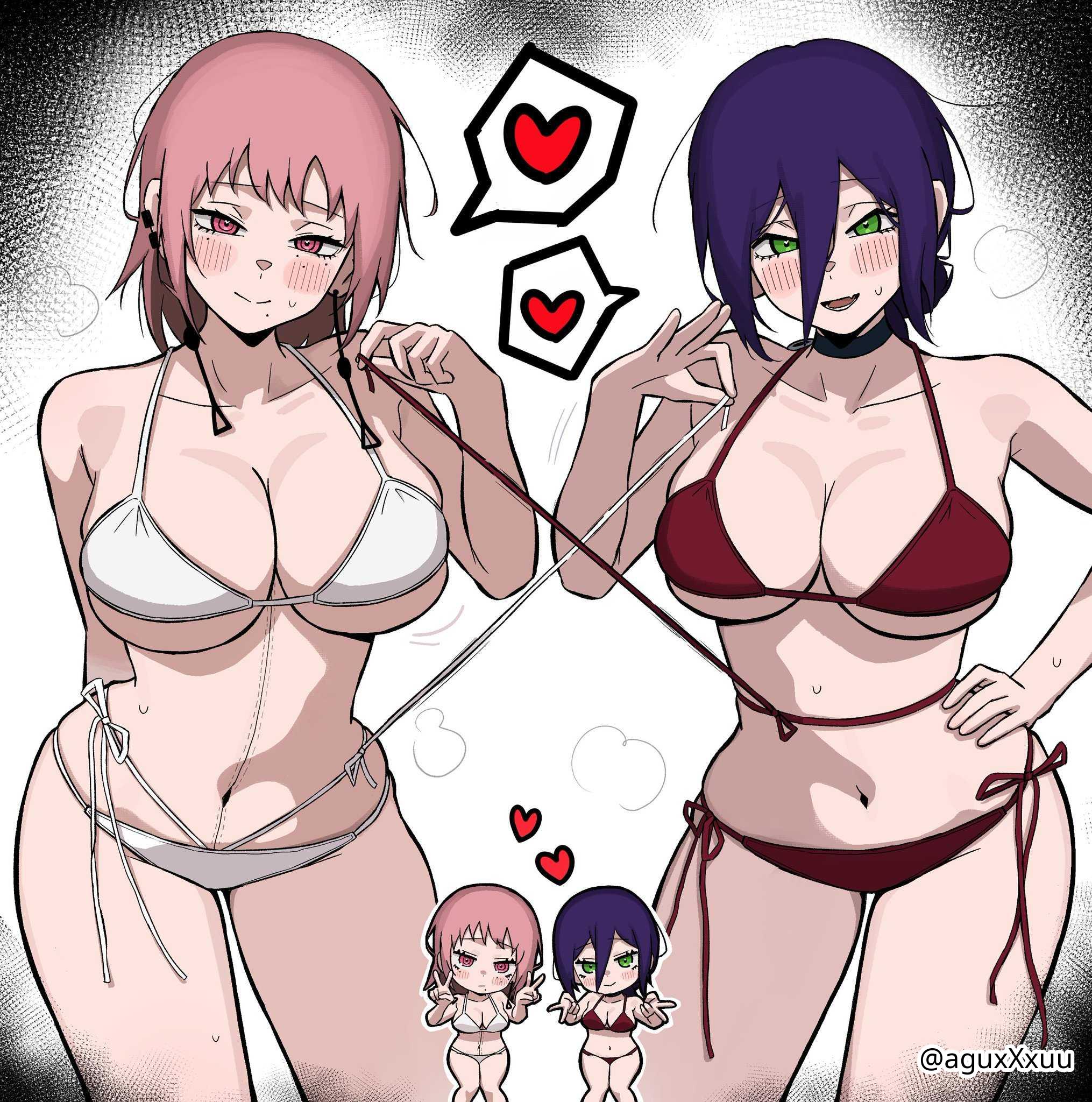 2d, 2d (artwork), 2d artwork, 2girls, aguxxxuu, alternate breast size, arm behind back, bare arms, bare belly, bare chest, bare hands, bare hips, bare legs, bare midriff, bare navel, bare shoulders, bare skin, bare thighs, belly, belly button, bewitching thighs, big breasts, bikini, bikini bottom, bikini only, bikini top, black choker, black hair, black-haired female, blush, blush face, blushing at viewer, blushing female, blushing lines, breasts, busty, busty female, busty girl, busty teen, busty teenager, chainsaw man, child bearing hips, choker, cleavage, closed mouth smile, collarbone, curvaceous, curvaceous body, curvaceous female, curvaceous figure, curvaceous hips, curvaceous teenager, curvy, curvy body, curvy female, curvy figure, curvy hips, curvy teen, death devil (chainsaw man), devil, digital, digital art, digital drawing, digital drawing (artwork), digital media, digital media (artwork), double peace sign, double v sign, drawing, ear piercing, ear piercings, earrings, elbows, exposed arms, exposed belly, exposed chest, exposed hips, exposed legs, exposed midriff, exposed navel, exposed shoulders, exposed skin, exposed thighs, eyebrows visible through hair, female, female focus, female only, fertile hips, fingers, goonable, green eyes, green-eyed female, groin, hair between eyes, half naked, half nude, half-closed eyes, halterneck, hand behind back, hand on hip, hand on own hip, hand on own waist, hand on waist, head tilt, heart, high resolution, highres, hourglass figure, inguinal crease, inguinal ligament, inviting, large boobs, large breasts, lean figure, light smile, looking at viewer, medium hair, midriff, mole on cheek, mole on face, mole under each eye, mole under eye, mole under eyes, mole under mouth, multiple females, multiple girls, naked, naked female, naked woman, narrow waist, navel, nude, nude female, nudity, open mouth, open mouth smile, parted lips, peace sign, pierced ear, pierced ears, pink eyes, pink hair, pink hair female, pink-eyed female, pink-haired female, posing, posing for the viewer, posing naked, posing nude, ready for sex, ready to fuck, red bikini, red bikini bottom, red bikini top, red swimsuit, red swimwear, reze (chainsaw man), semi nude, shoulders, side-tie bikini, sign, simple background, skindentation, slender body, slender waist, slim female, slim waist, smile, smiley face, smiling, smiling at viewer, standing, strap lift, strap pull, string bikini, swimsuit, swimwear, teen girl, teenage female, teenage girl, teenage tits, teenager, thick thighs, thigh gap, thighs, tilted head, tongue, upper body, upper teeth, v, v sign, white background, white bikini, white bikini bottom, white bikini top, white swimsuit, white swimwear, wide hips, young female, young woman