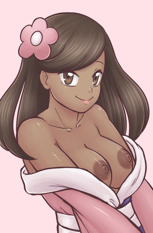 1girls areola areolae bare_shoulders blossom_(pokemon) breasts brown_eyes brown_skin collarbone dark-skinned_female dark_areola dark_areolae dark_hair dark_nipples female female_focus female_only flower flower_in_hair furisode_girl_(pokemon) furisode_girl_blossom furisode_girl_shione game_freak japanese_clothes kimono nintendo nipples npc_trainer partially_undressed pokemon pokemon_xy rapps shione_(pokemon) shoulders smile smiling solo solo_female