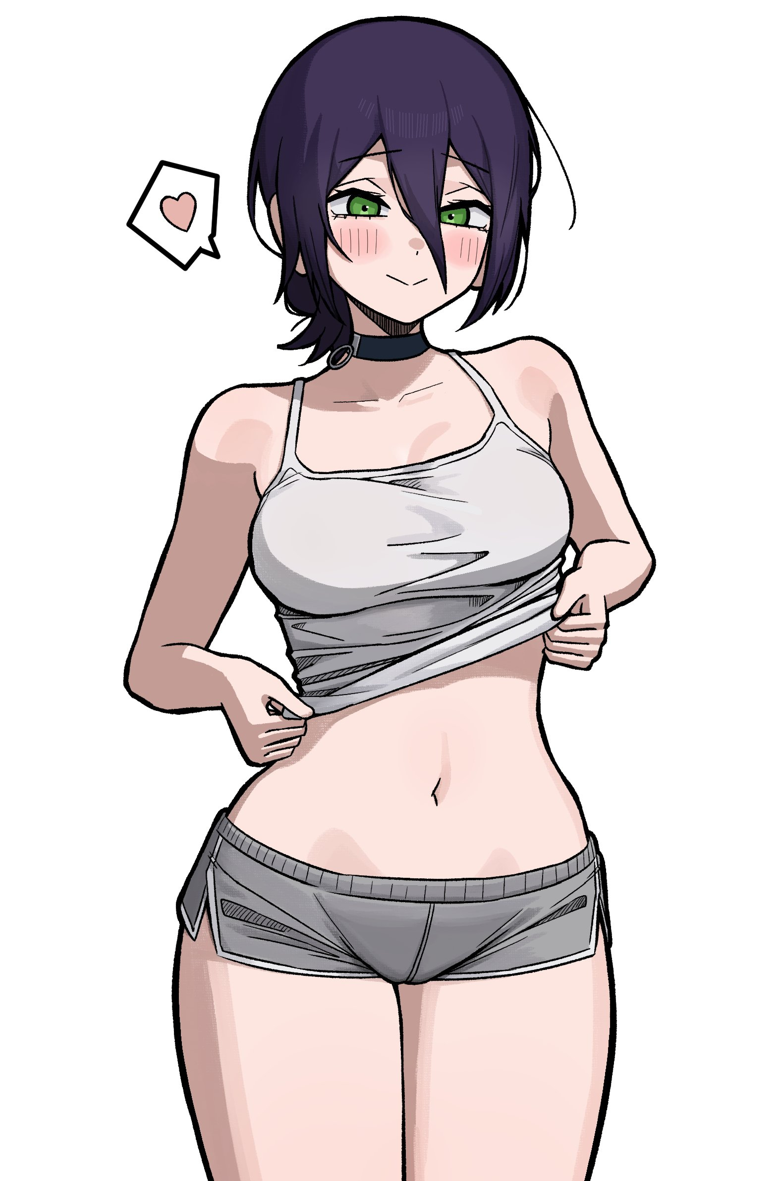 1girls, 2d, 2d (artwork), 2d artwork, aguxxxuu, bare arms, bare belly, bare hands, bare legs, bare navel, bare shoulders, bare skin, bare thighs, belly, belly button, black choker, black hair, black-haired female, blush, blush face, blushing at viewer, blushing female, blushing lines, breasts, busty, busty female, busty girl, busty teen, busty teenager, chainsaw man, choker, closed mouth smile, collarbone, curvaceous, curvaceous body, curvaceous female, curvaceous figure, curvaceous hips, curvaceous teenager, curvy, curvy body, curvy female, curvy figure, curvy hips, curvy teen, digital, digital art, digital drawing, digital drawing (artwork), digital media, digital media (artwork), drawing, exposed arms, exposed belly, exposed legs, exposed navel, exposed shoulders, exposed skin, exposed thighs, eyebrows visible through hair, female, female focus, female only, fingers, green eyes, green-eyed female, groin, hair between eyes, heart, high resolution, highres, hourglass figure, inguinal crease, inguinal ligament, large breasts, lean figure, legs closed, legs together, light smile, long hair, looking at viewer, midriff, narrow waist, navel, reze (chainsaw man), shoulders, simple background, slender body, slender waist, slim female, slim waist, smile, smiley face, smiling, smiling at viewer, solo, standing, tank top, tank top aside, tank top lift, tank top lift by self, teen girl, teenage female, teenage girl, teenage tits, teenager, thick thighs, thighs, thighs together, topwear, topwear aside, topwear lift, upper body, white background, white tank top, white topwear, wide hips, young female, young woman