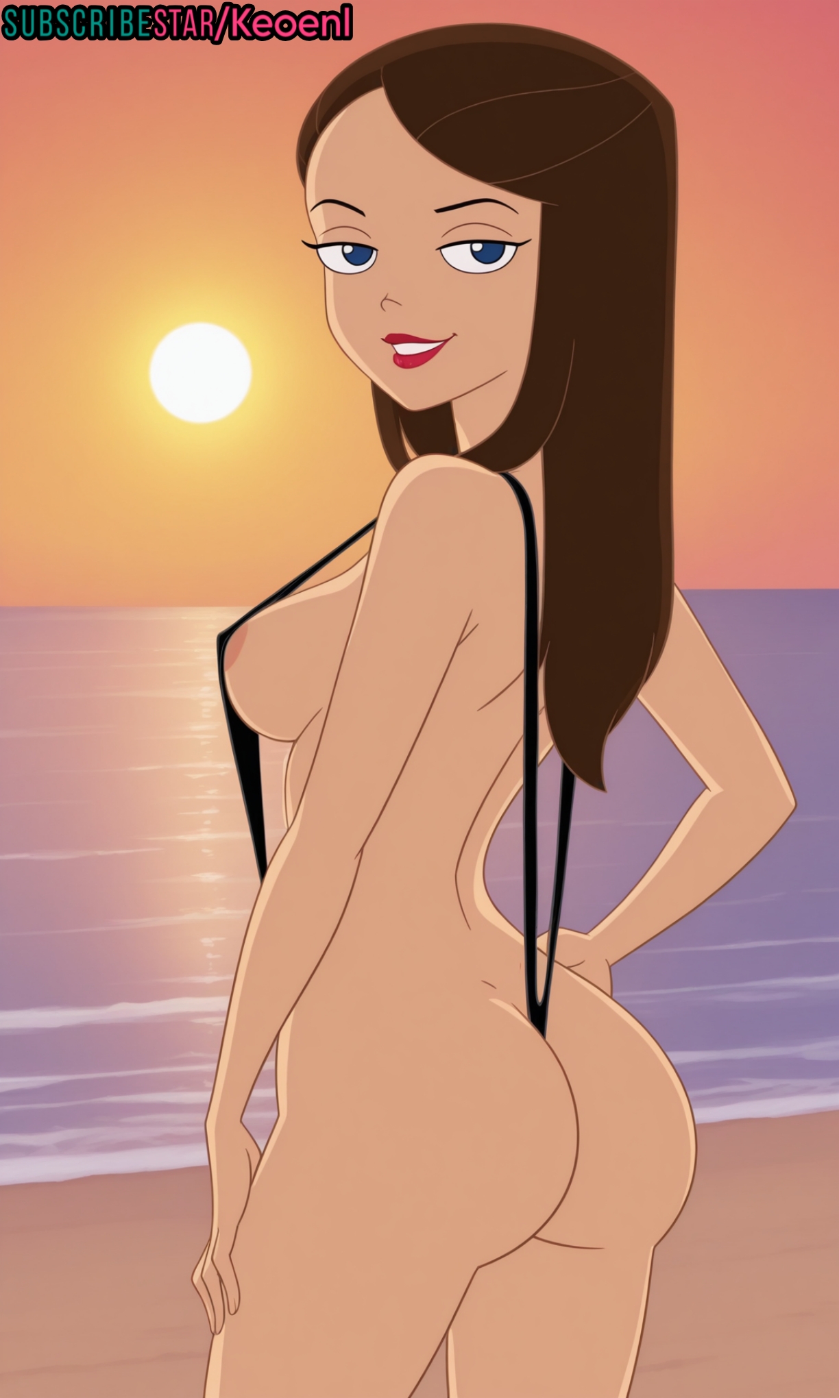1girls, accurate art style, ai generated, areola, areola slip, areolae, areolae slip, ass, back view, backboob, barefoot, beach, big breasts, bikini, blue eyes, blush, breasts, brown hair, disney, disney channel, female, female only, goth, goth girl, happy, hard nipples, heart, hi res, hourglass figure, huge ass, inviting, keoenl, lipstick, looking at viewer, loose hair, makeup, naked, nipples, nude, ocean, phineas and ferb, pool, posing, posing for the viewer, public, public exposure, public indecency, pussy, red lipstick, revealing clothes, sexy, sling bikini, sling swimsuit, slingshot bikini, slingshot swimsuit, smug, smug face, standing, straight hair, subscribestar, sun, sunset, thick thighs, vanessa doofenshmirtz, wide hips