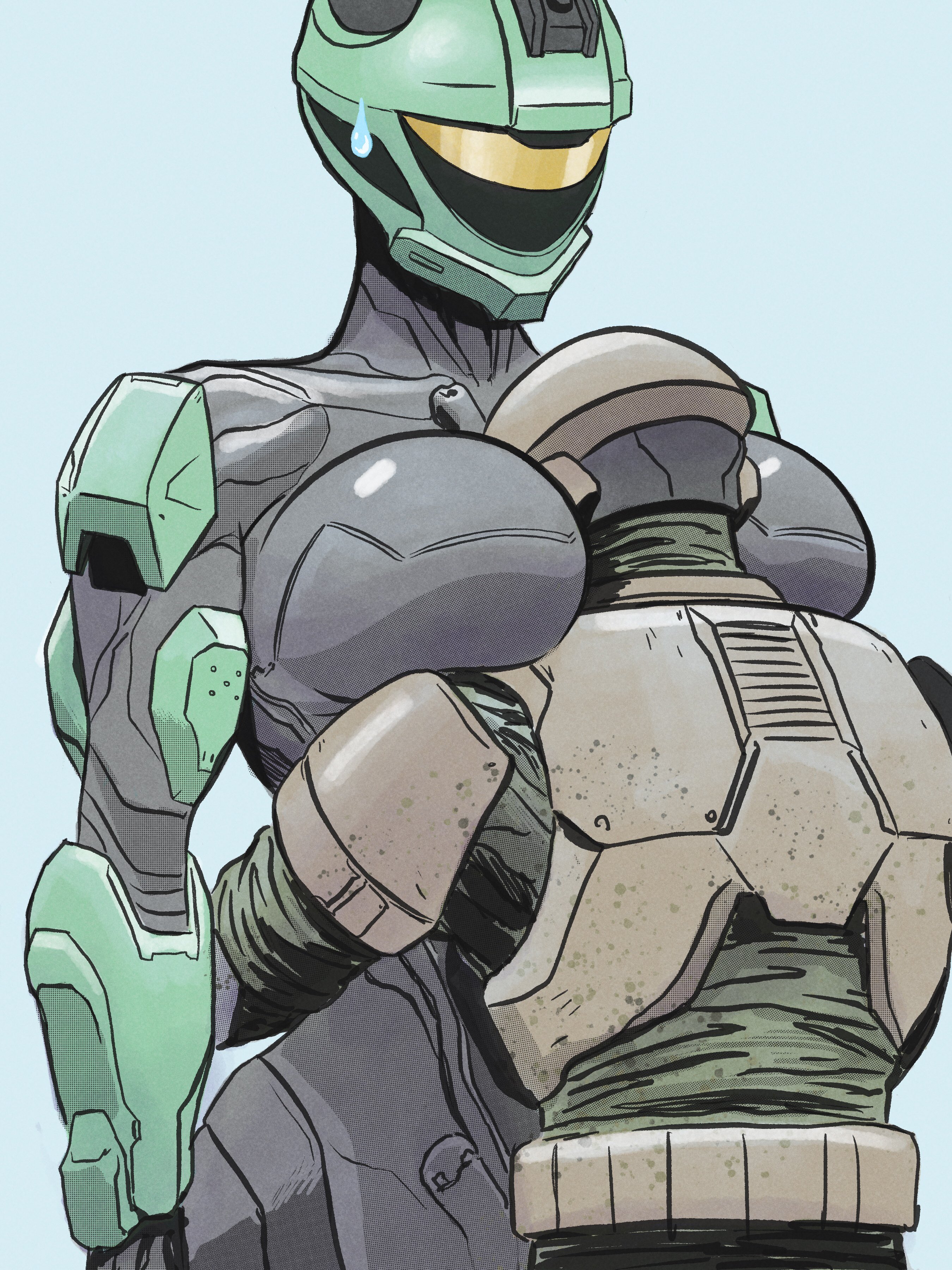 1boy, 1girls, 2026, 2d, 2d (artwork), armor, armored female, armored male, big breasts, bigger female, blue background, body armor, breast smother, breasts, clothed, clothed female, clothed male, confidential drifter, emotional support, face between breasts, face in breasts, female, female focus, female spartan (halo), fully clothed, halo (game), halo (series), head between breasts, height difference, hug, hugging, large boobs, large breasts, larger female, morale support, questionable, shorter male, simple background, size difference, smaller male, spartan (halo), sweatdrop, taller female, taller girl, taller woman, techsuit, unsc, unsc marine