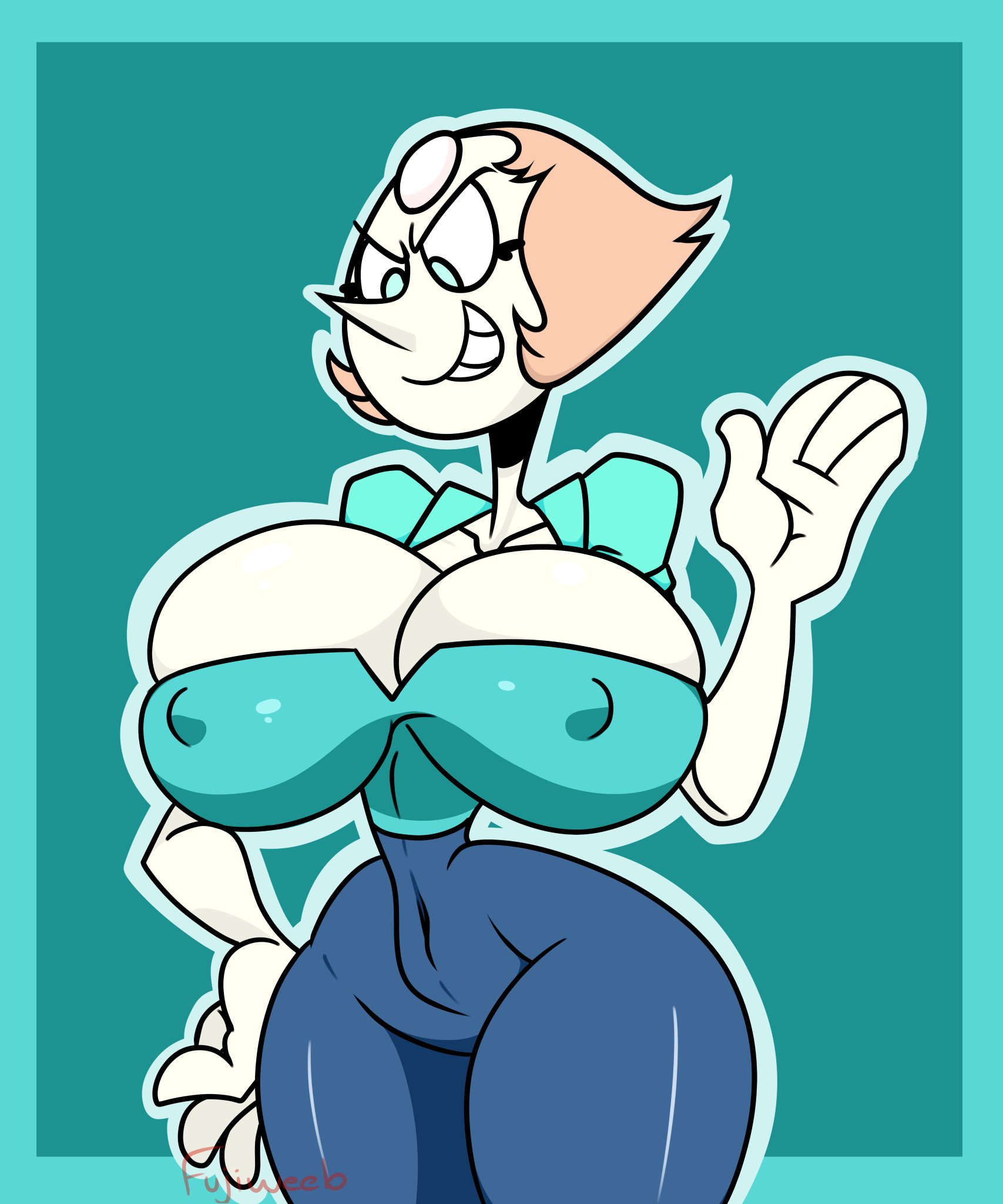 1girls, 2020, 4 fingers, absurdres, alien, aqua background, aqua eyes, areola bulge, ass, big ass, big breasts, breasts, clothed, clothed female, female, female only, fujiweeb, gem (species), hand on hip, highres, hourglass figure, looking at breasts, nipple bulge, nipple outline, pants, peach hair, pearl (steven universe), signature, smirk, solo, solo female, steven universe, steven universe future, thick thighs, tight clothing, tight fit, tight pants, watermark, white outline