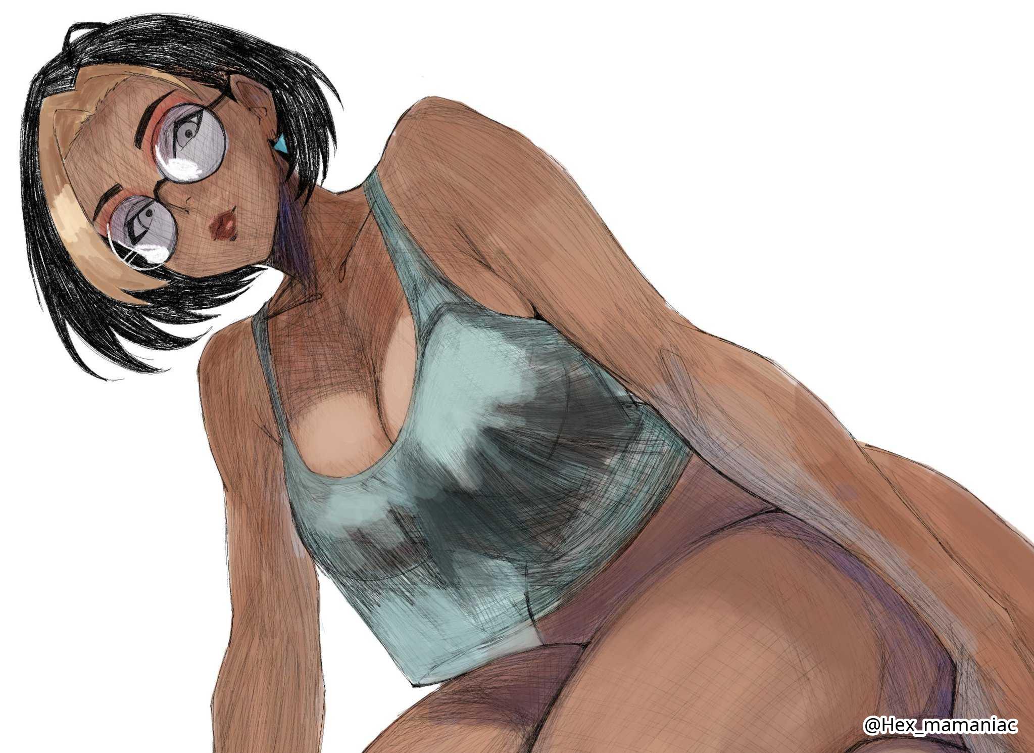 1girls, 2d, 2d (artwork), 2d artwork, adult, adult female, belly, big breasts, black hair, black-haired female, blank expression, blank eyes, blank stare, blue tank top, blue topwear, bored, bored expression, breasts, brown hair, brown skin, brown skinned female, brown-haired female, brown-skinned female, busty, busty female, busty girl, cleavage, collarbone, digital, digital art, digital drawing, digital drawing (artwork), digital media, digital media (artwork), domina, drawing, emotionless, female, female focus, female only, glasses, glasses on face, glasses on head, hex mamaniac, high resolution, highres, large boobs, large breasts, looking at viewer, looking down, looking down at viewer, mature, mature female, medium hair, neutral expression, nipple bulge, overwatch, overwatch 2, round glasses, shoulders, simple background, sitting, sketch, solo, tank top, topwear, upper body, white background